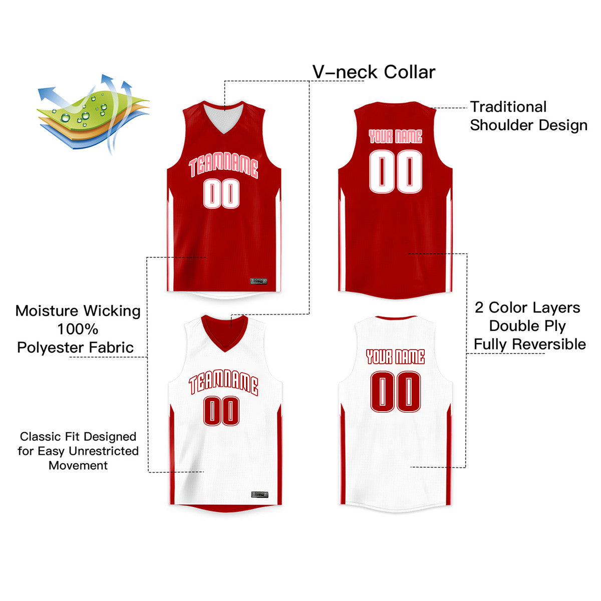 Custom Red White Double Side Tops Men/Boy Basketball Jersey