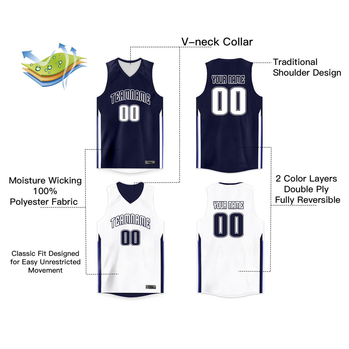 Custom Navy White Double Side Tops Men/Boy Basketball Jersey