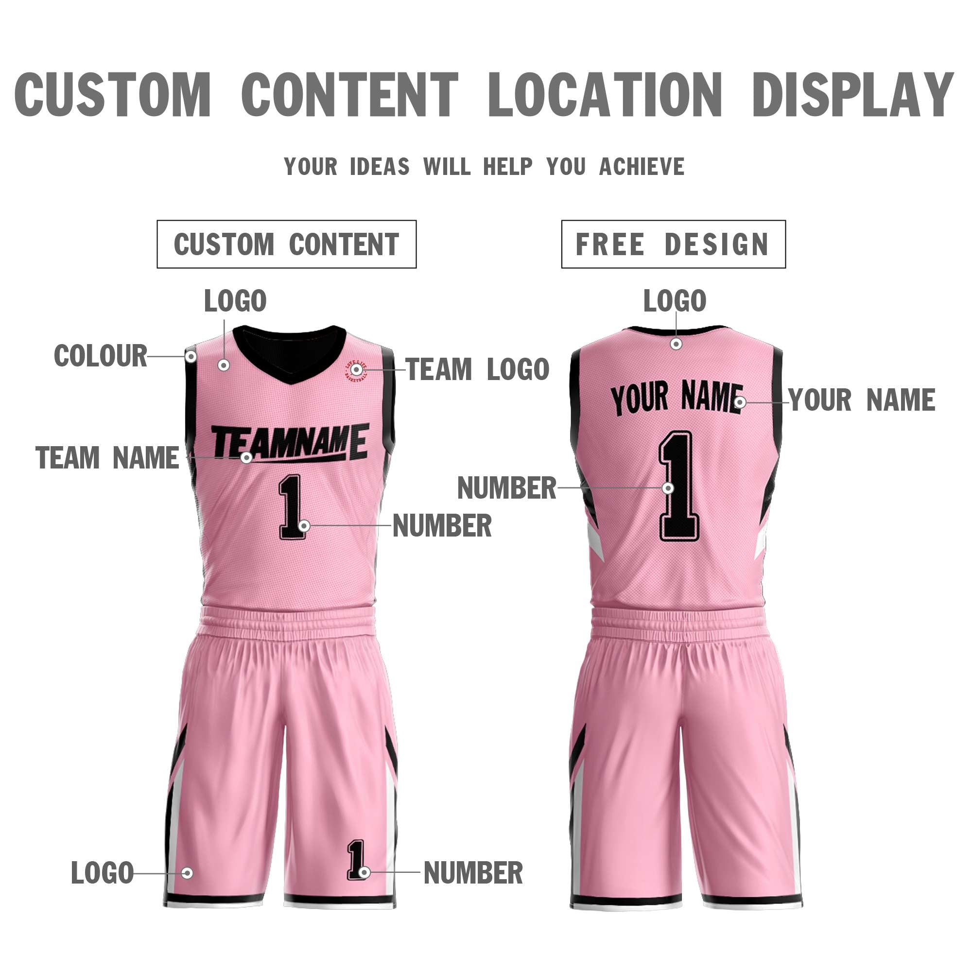 Le double côté noir rose fait sur commande place le maillot de basket-ball de vêtements de sport