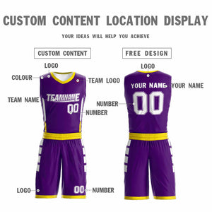 Maillot de basket-ball personnalisé violet blanc-jaune, ensembles Double face, vêtements de sport