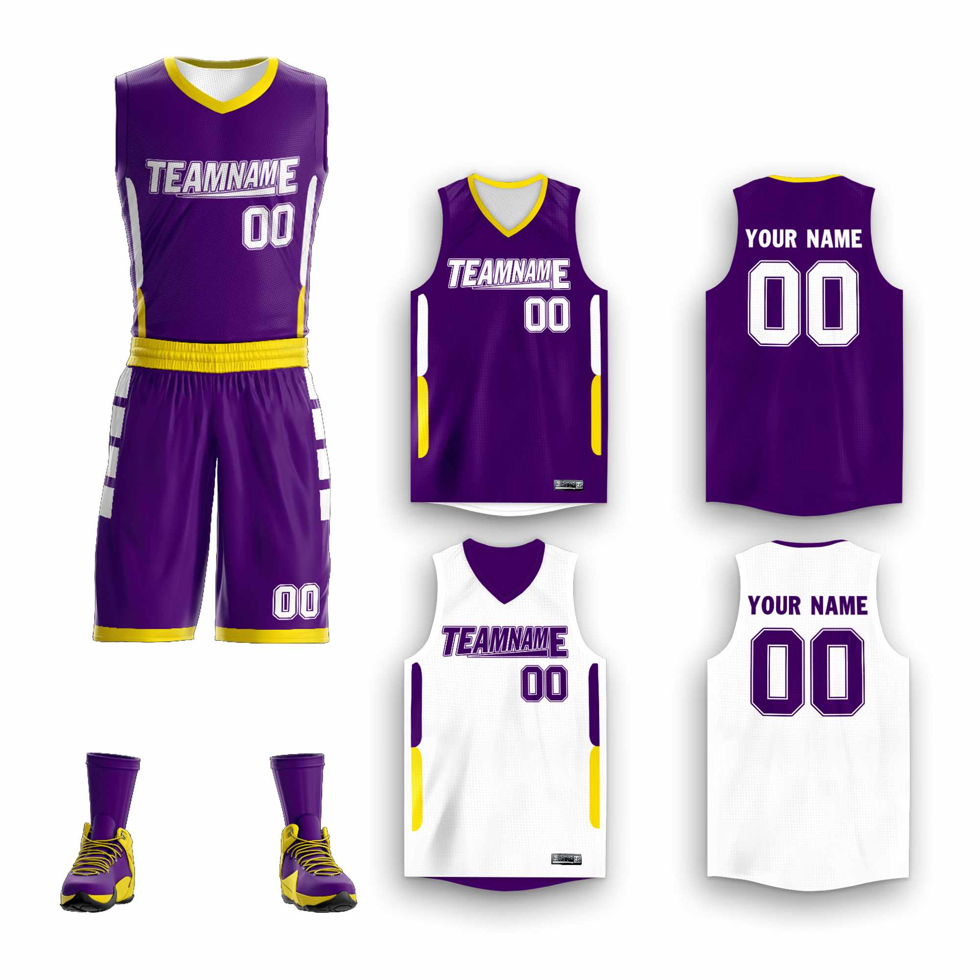 Maillot de basket-ball personnalisé violet blanc-jaune, ensembles Double face, vêtements de sport