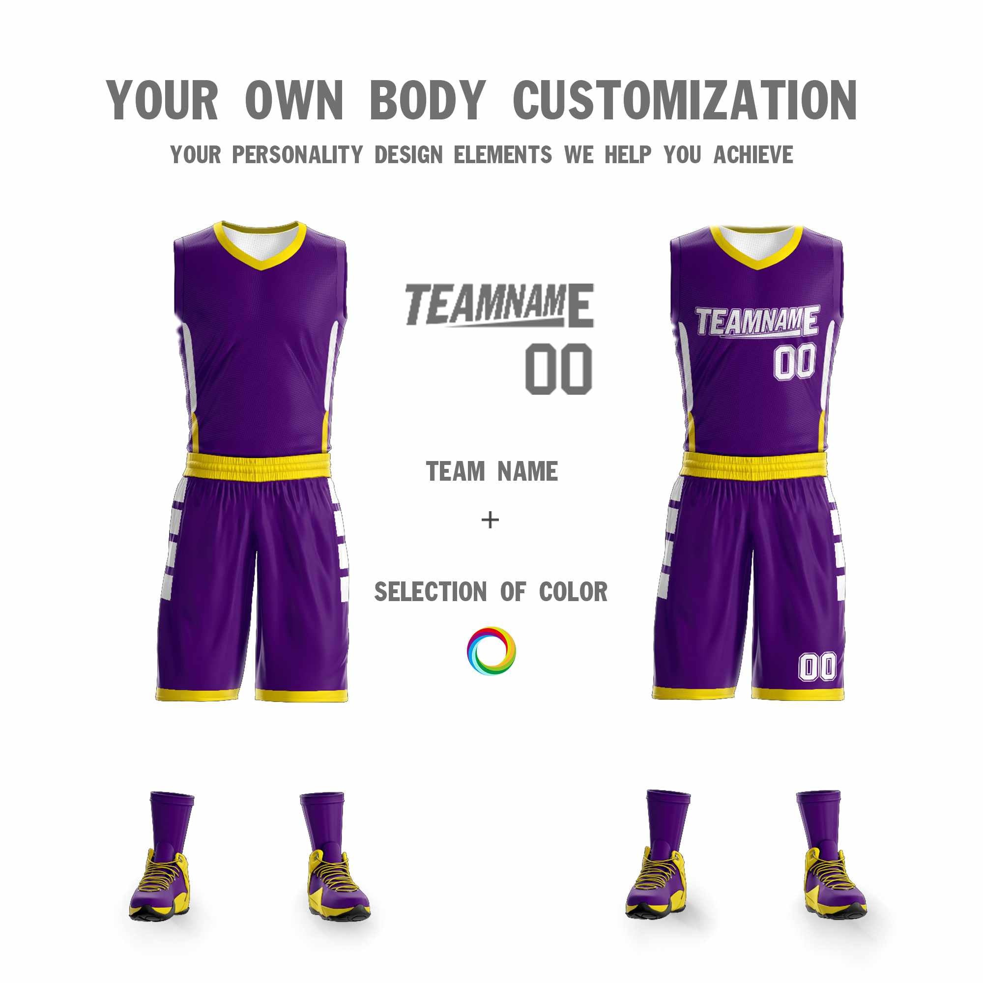 Maillot de basket-ball personnalisé violet blanc-jaune, ensembles Double face, vêtements de sport