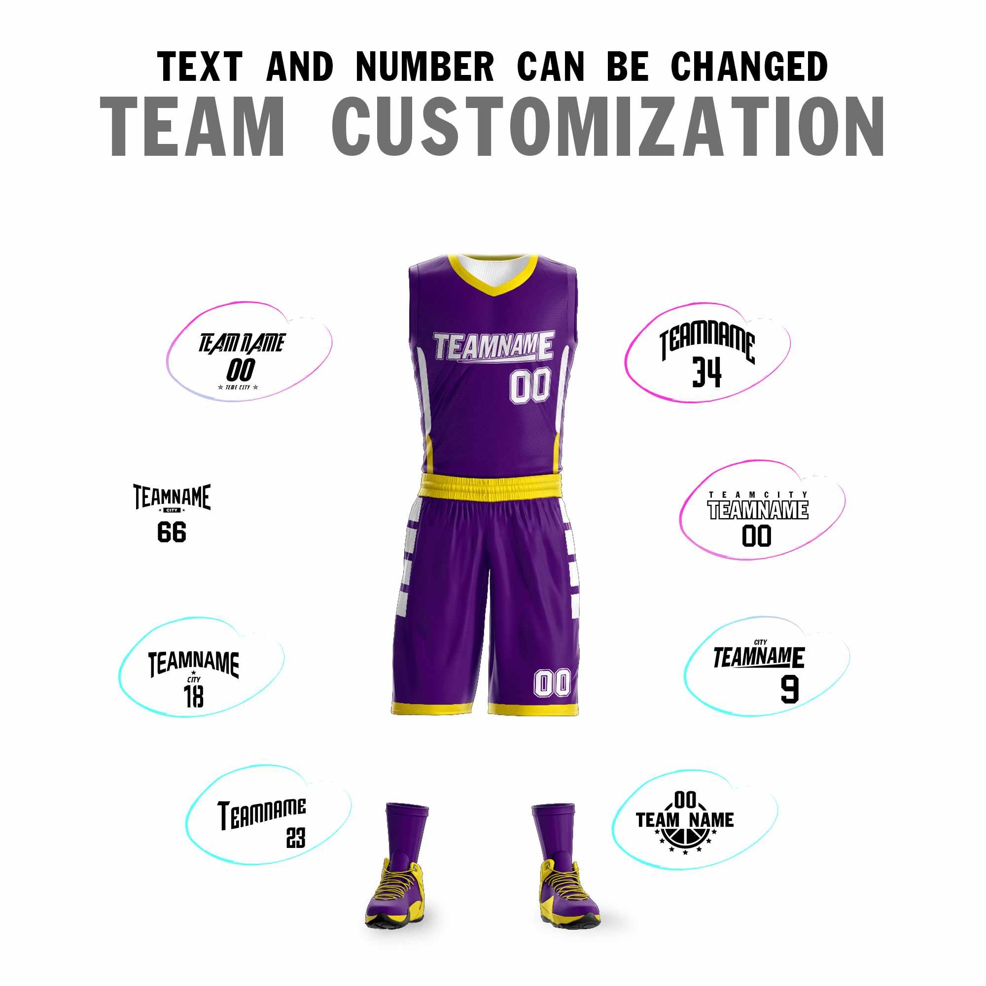 Maillot de basket-ball personnalisé violet blanc-jaune, ensembles Double face, vêtements de sport