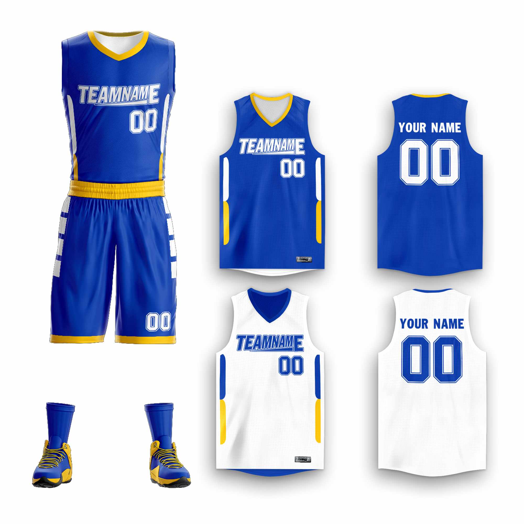 Maillot de basket-ball personnalisé Royal blanc-jaune, ensembles Double face, vêtements de sport