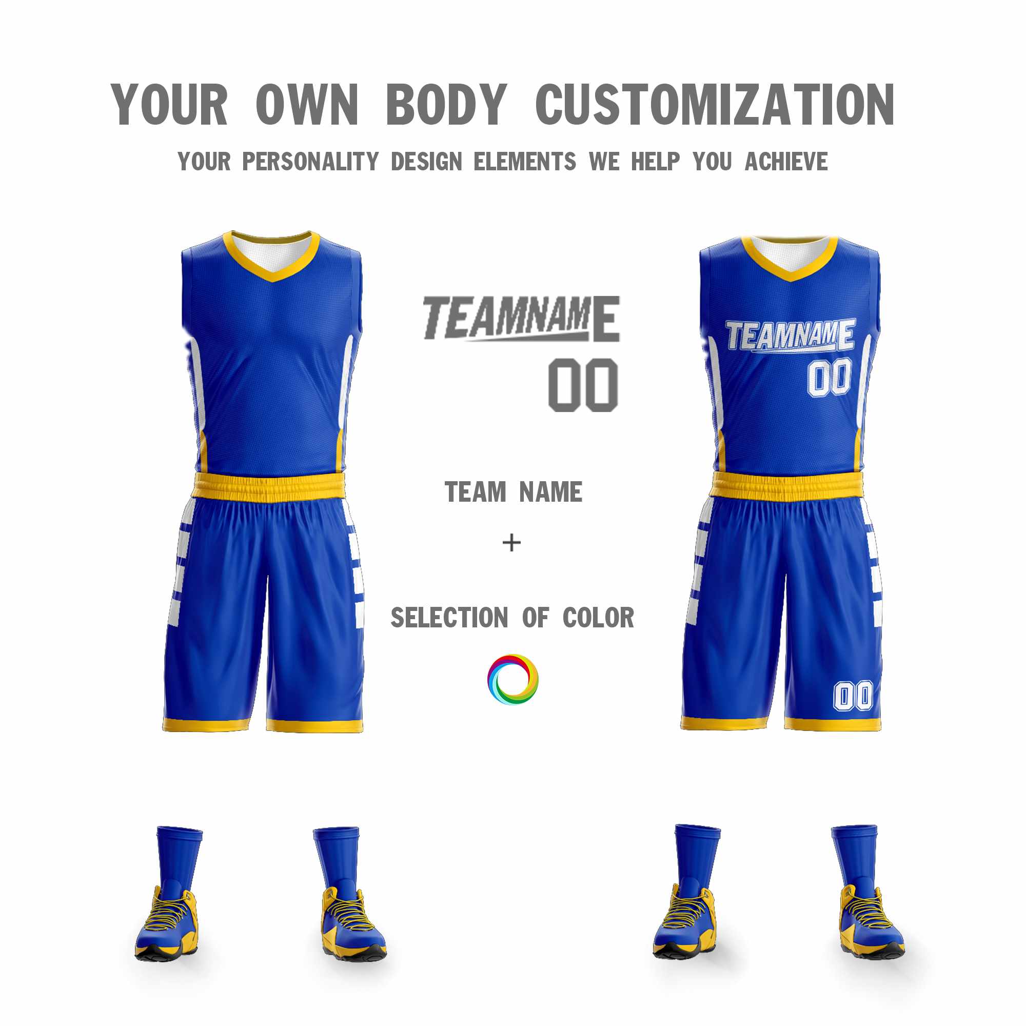 Maillot de basket-ball personnalisé Royal blanc-jaune, ensembles Double face, vêtements de sport