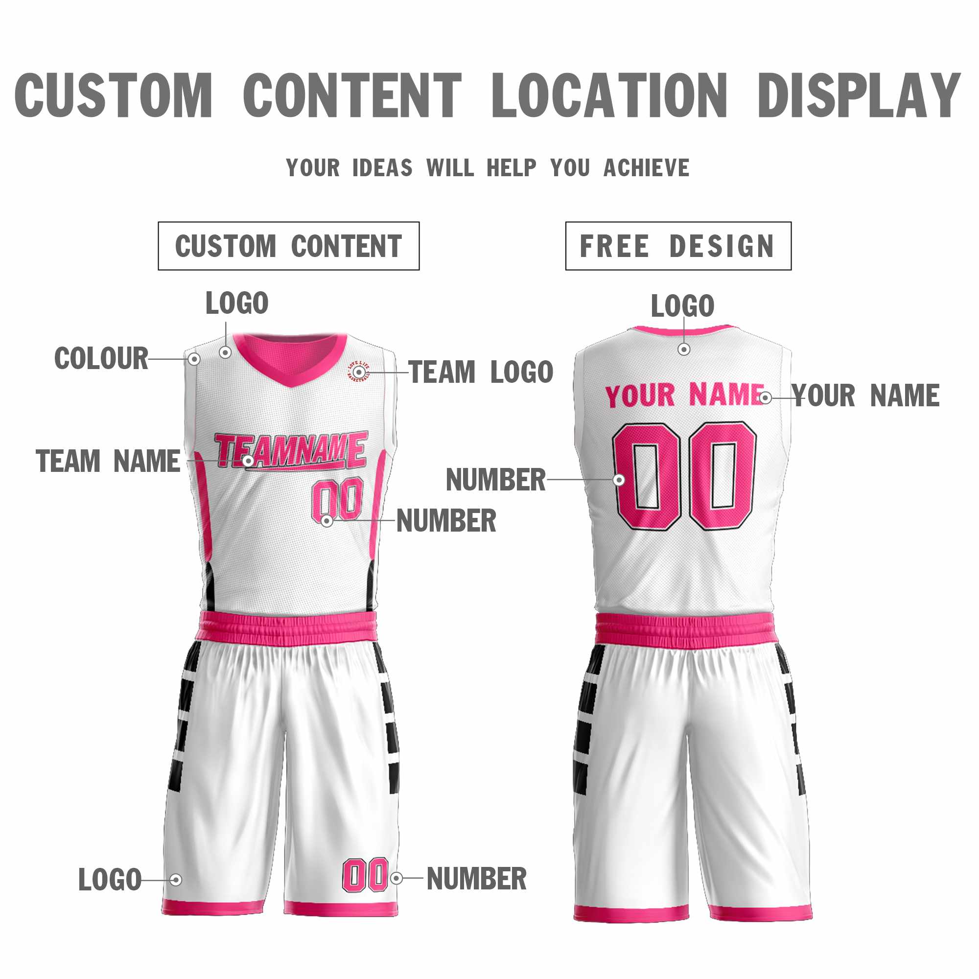 Custom White Pink Double Side Sets Design Sportswear Basketball Jersey