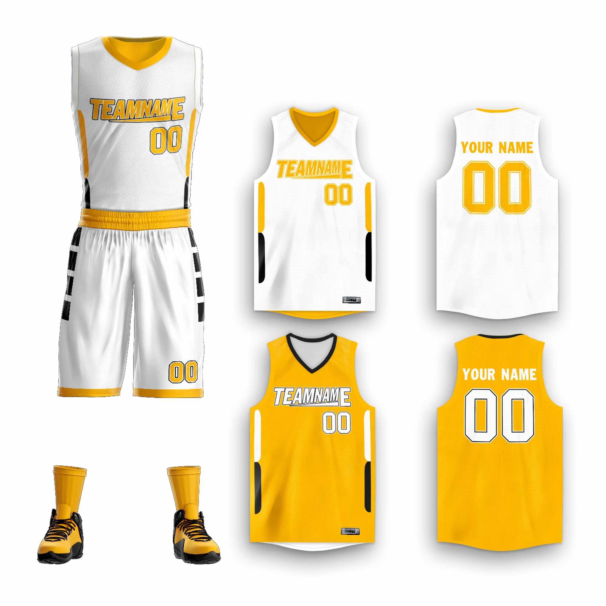 Le double côté jaune blanc fait sur commande place le maillot de basket-ball de vêtements de sport de conception