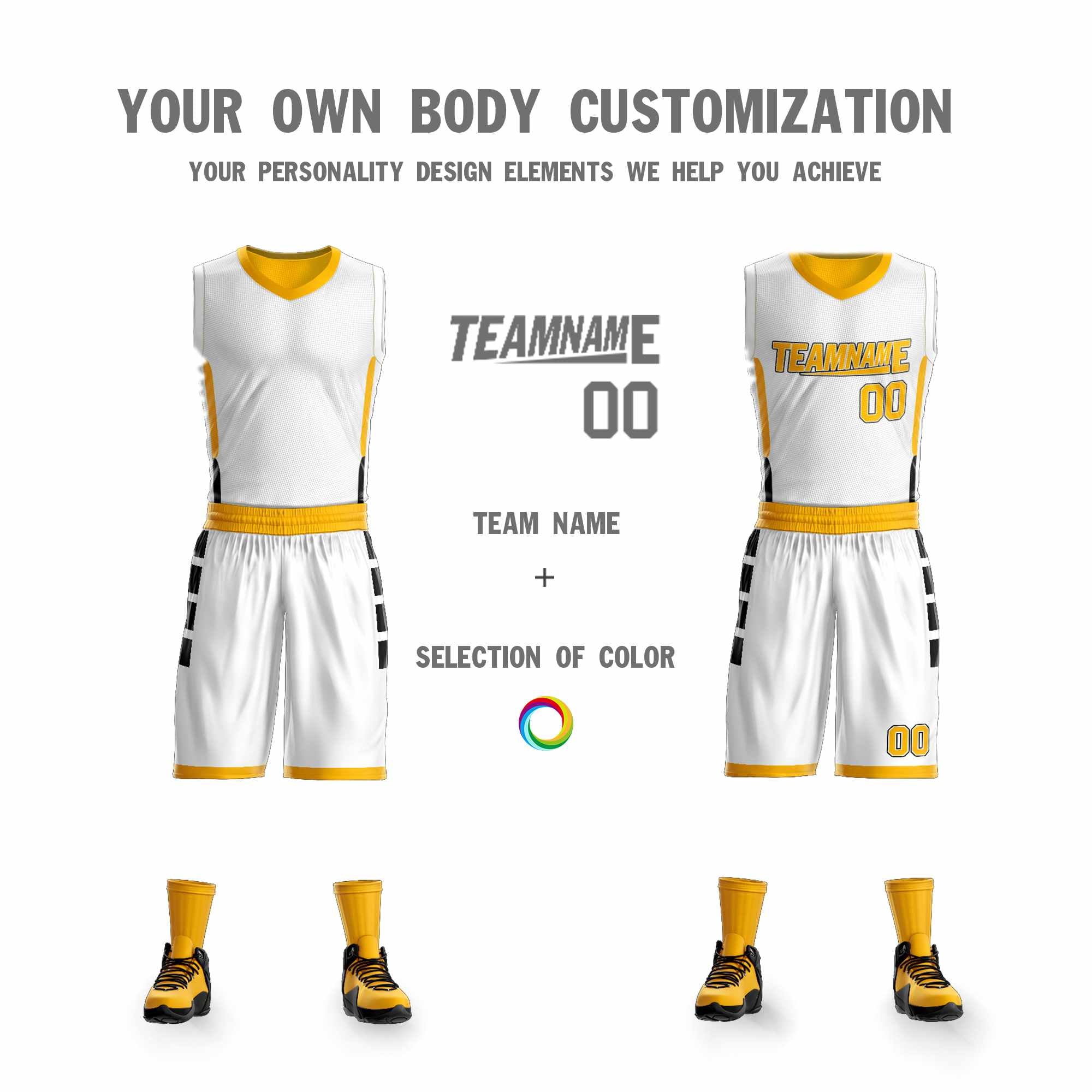 Le double côté jaune blanc fait sur commande place le maillot de basket-ball de vêtements de sport de conception