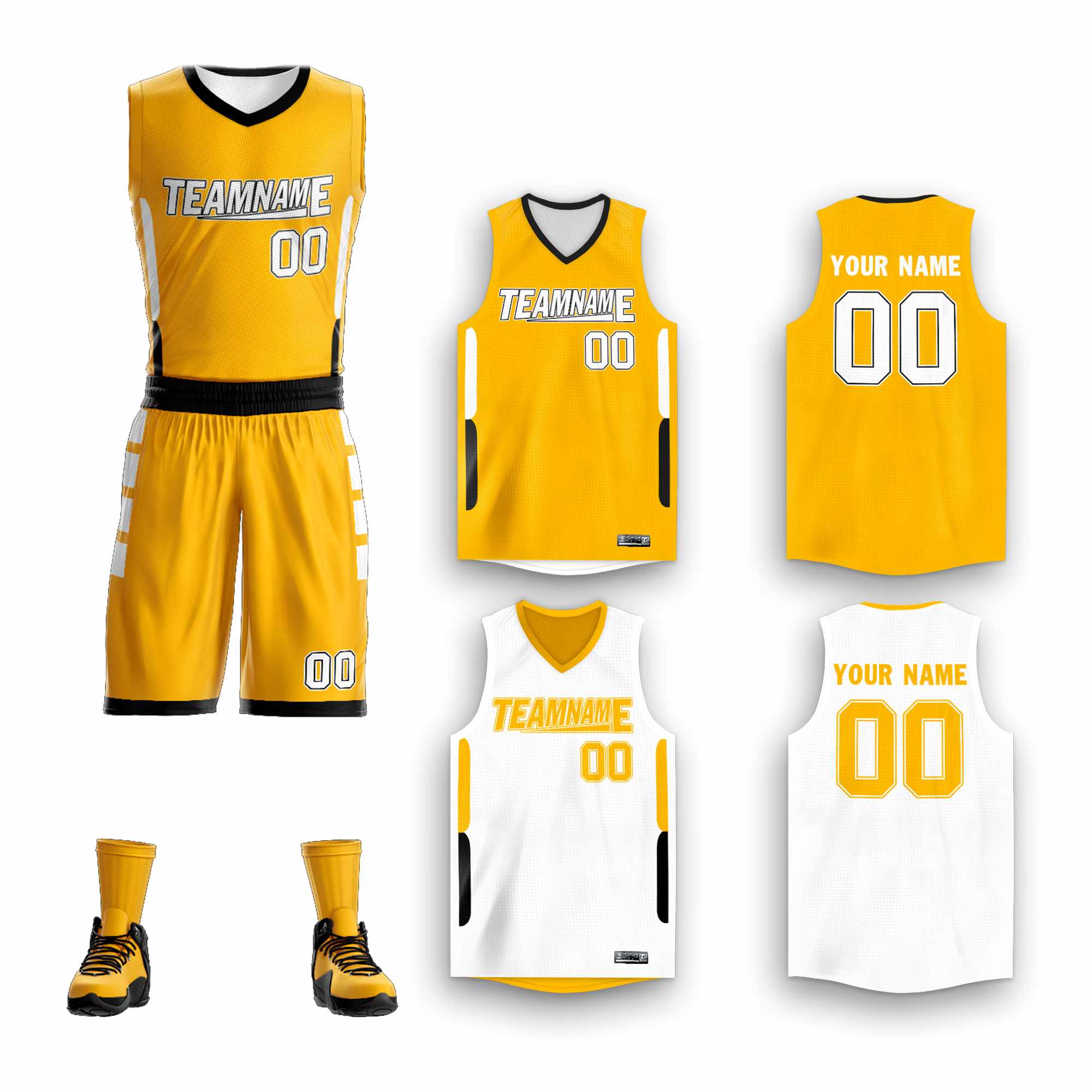 Le double côté blanc jaune fait sur commande place le maillot de basket-ball de vêtements de sport de conception