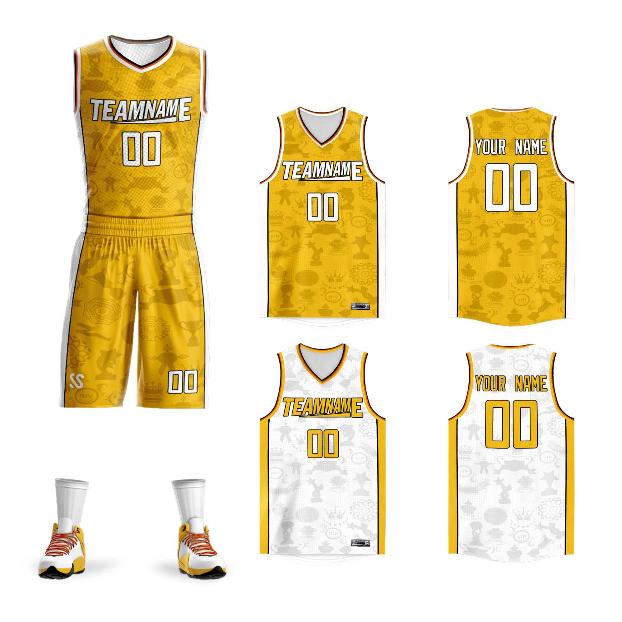 Maillot de basket-ball à double face jaune et blanc personnalisé