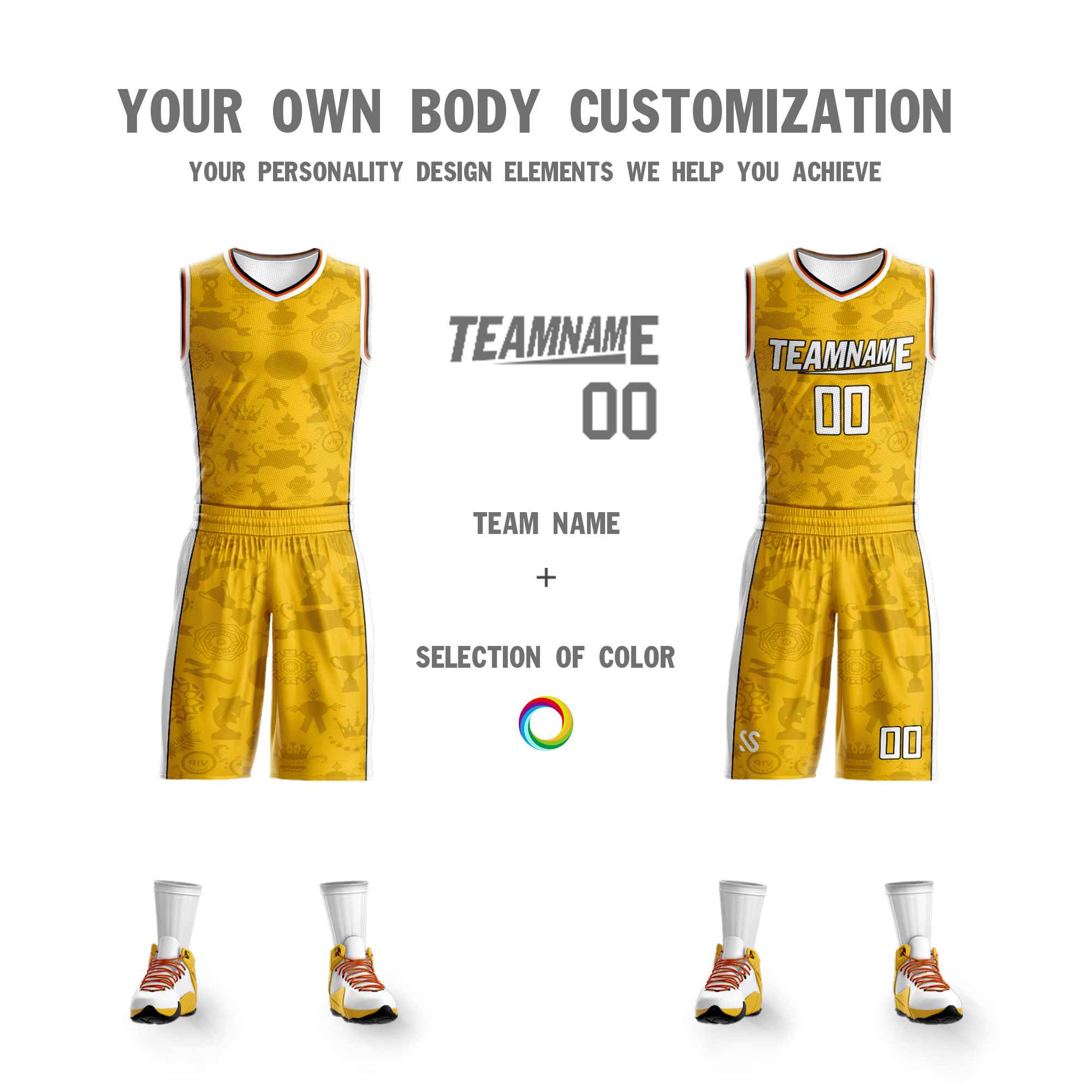 Maillot de basket-ball à double face jaune et blanc personnalisé