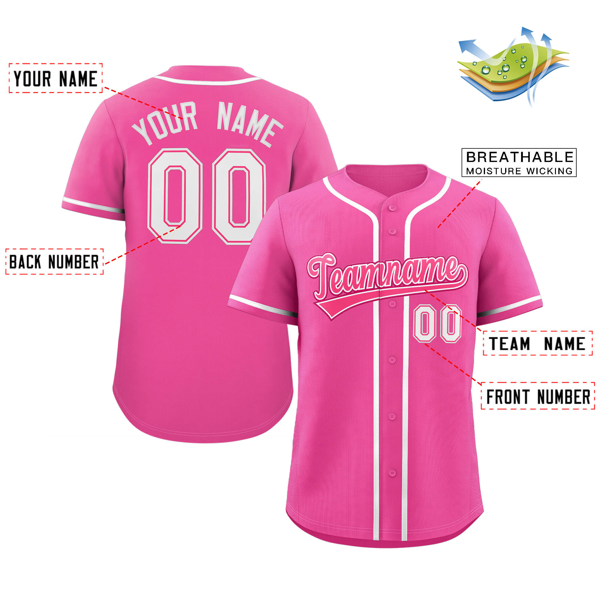 Maillot de baseball authentique de style classique rose blanc personnalisé