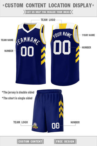 Custom Navy White-Yellow Double Side Sets Basketball Jersey