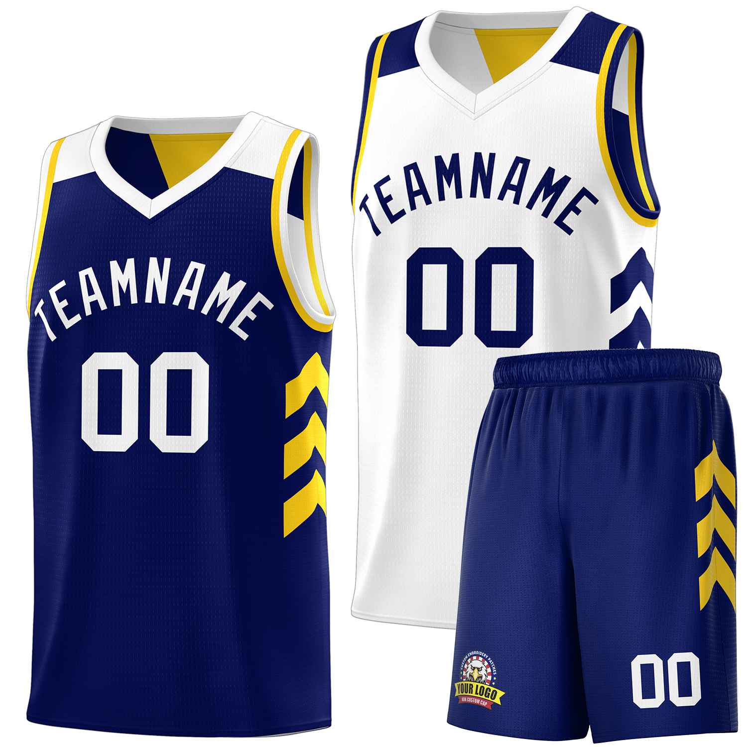 Maillot de basket-ball personnalisé, ensembles double face blanc-jaune marine