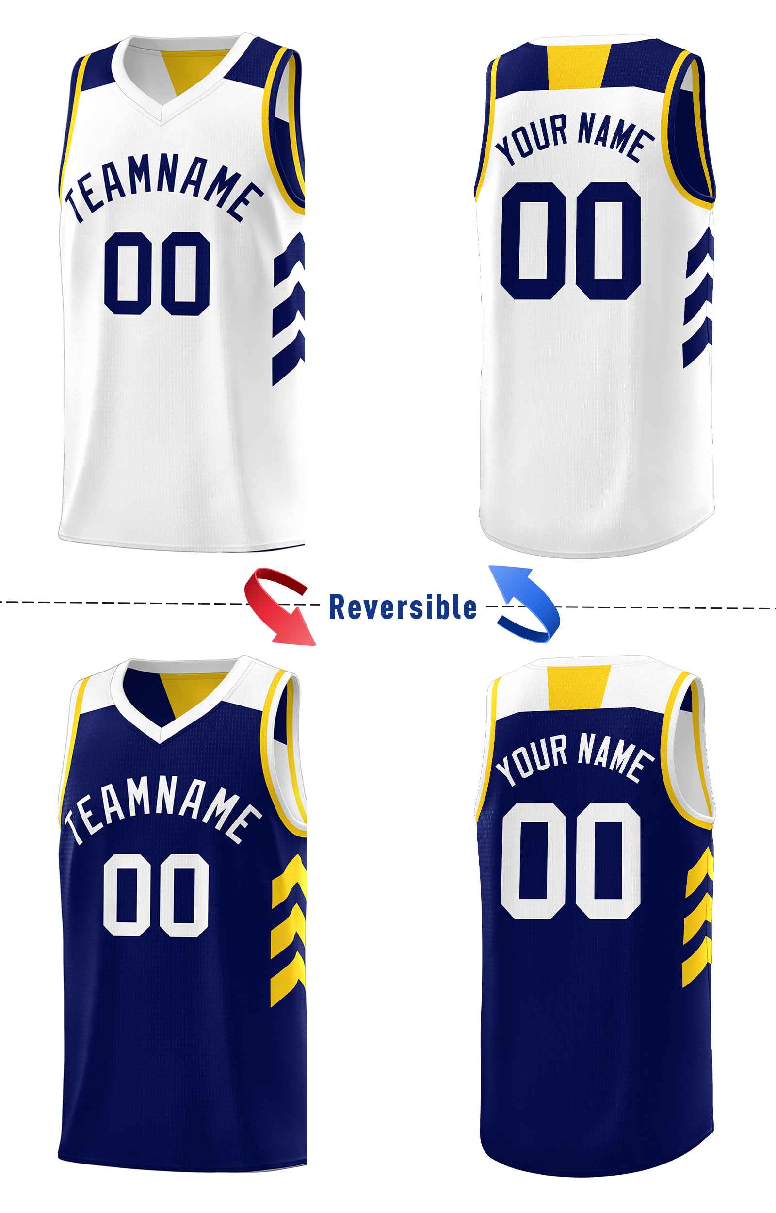 Maillot de basket-ball personnalisé, ensembles double face blanc-jaune marine