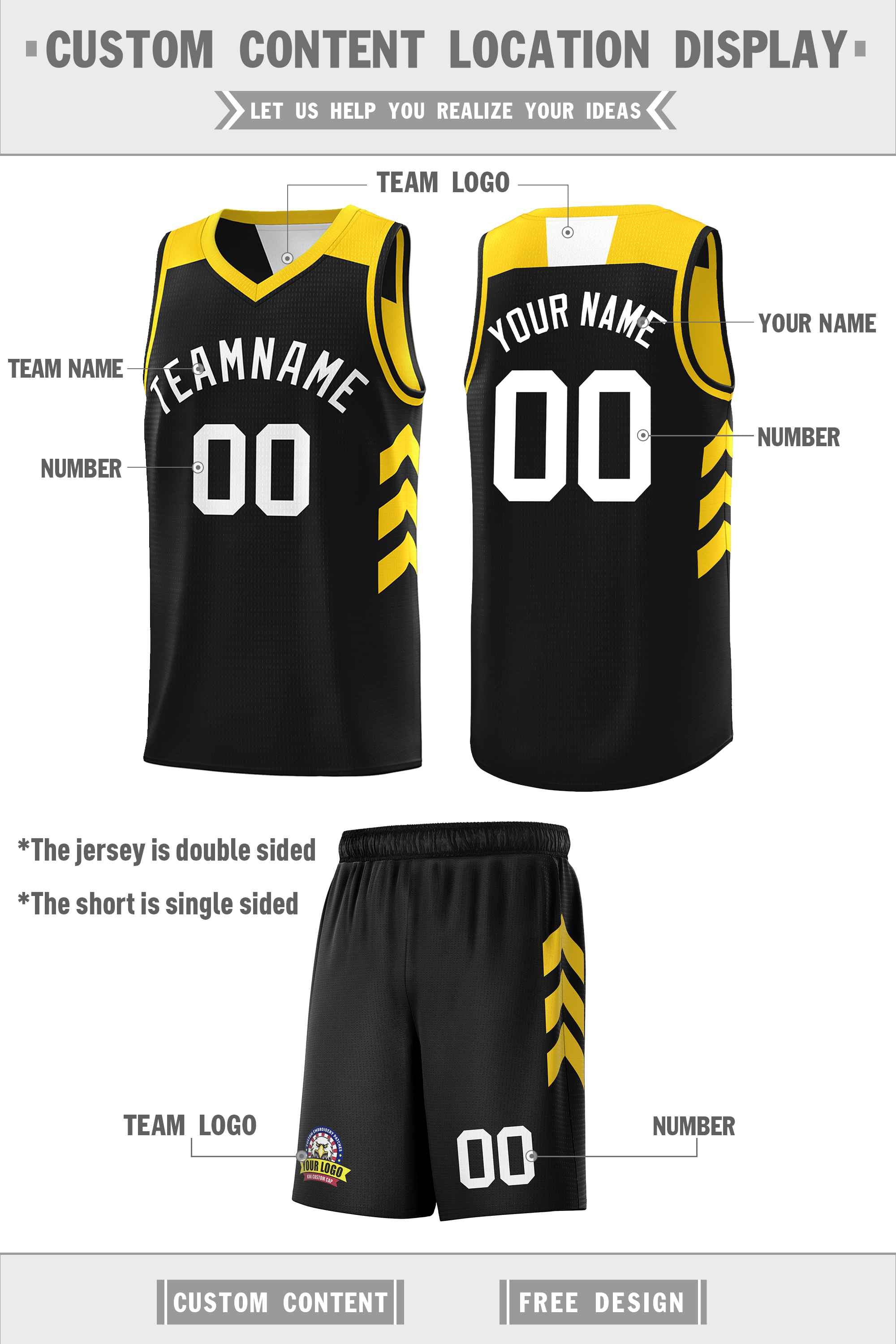 Le double côté jaune noir fait sur commande place le maillot de basket-ball personnalisé