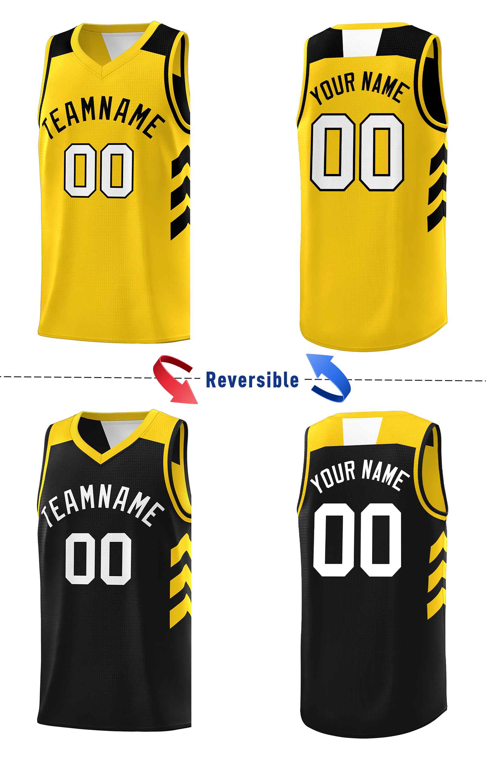 Le double côté jaune noir fait sur commande place le maillot de basket-ball personnalisé