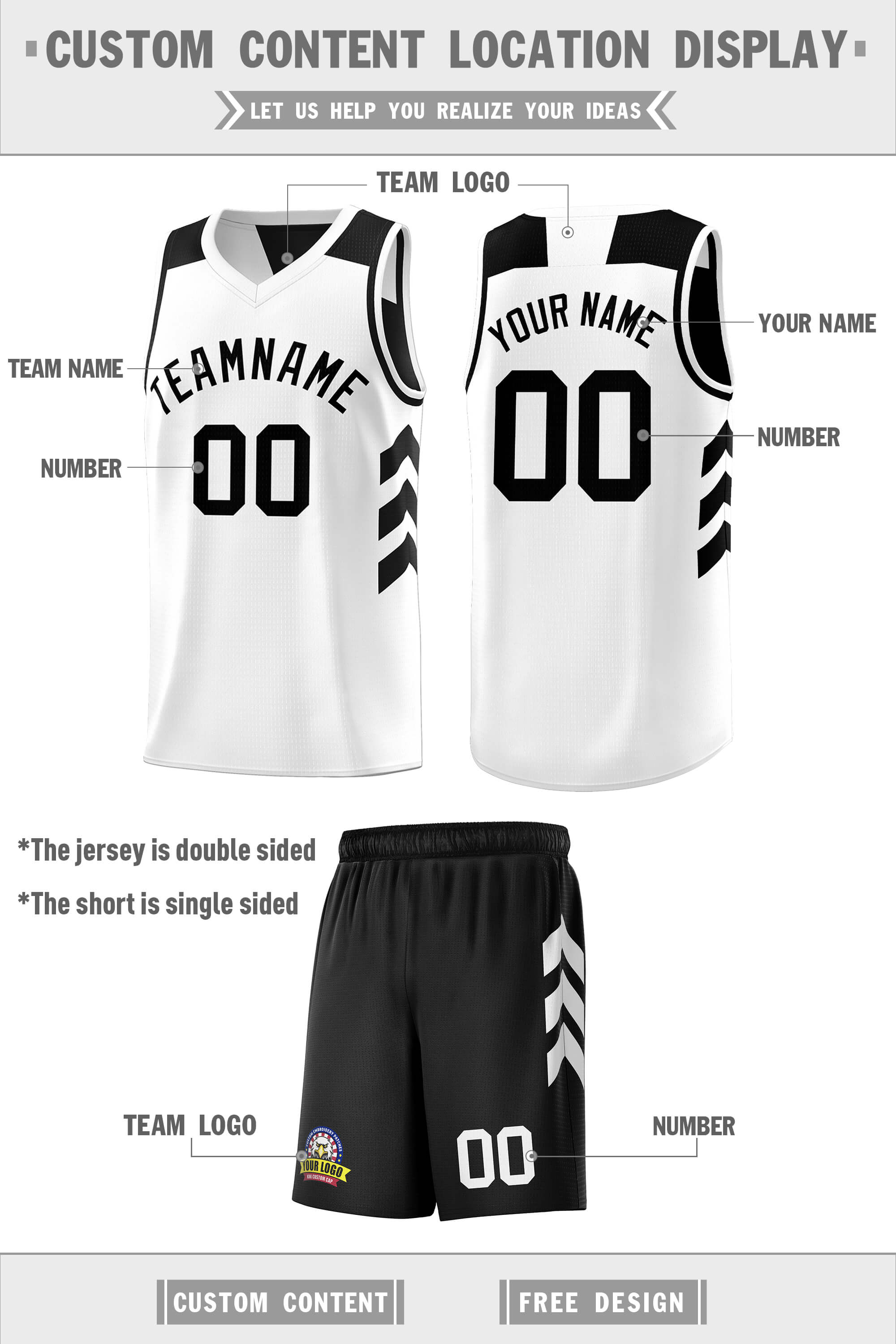 Maillot de basket-ball personnalisé noir blanc double face