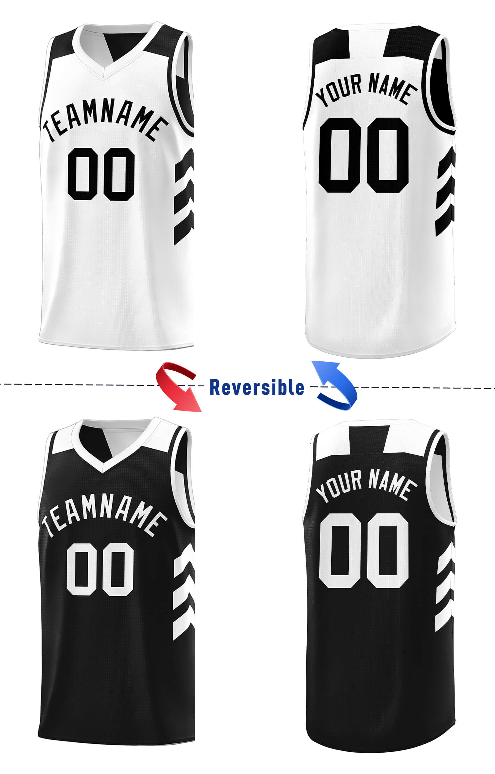 Maillot de basket-ball personnalisé noir blanc double face