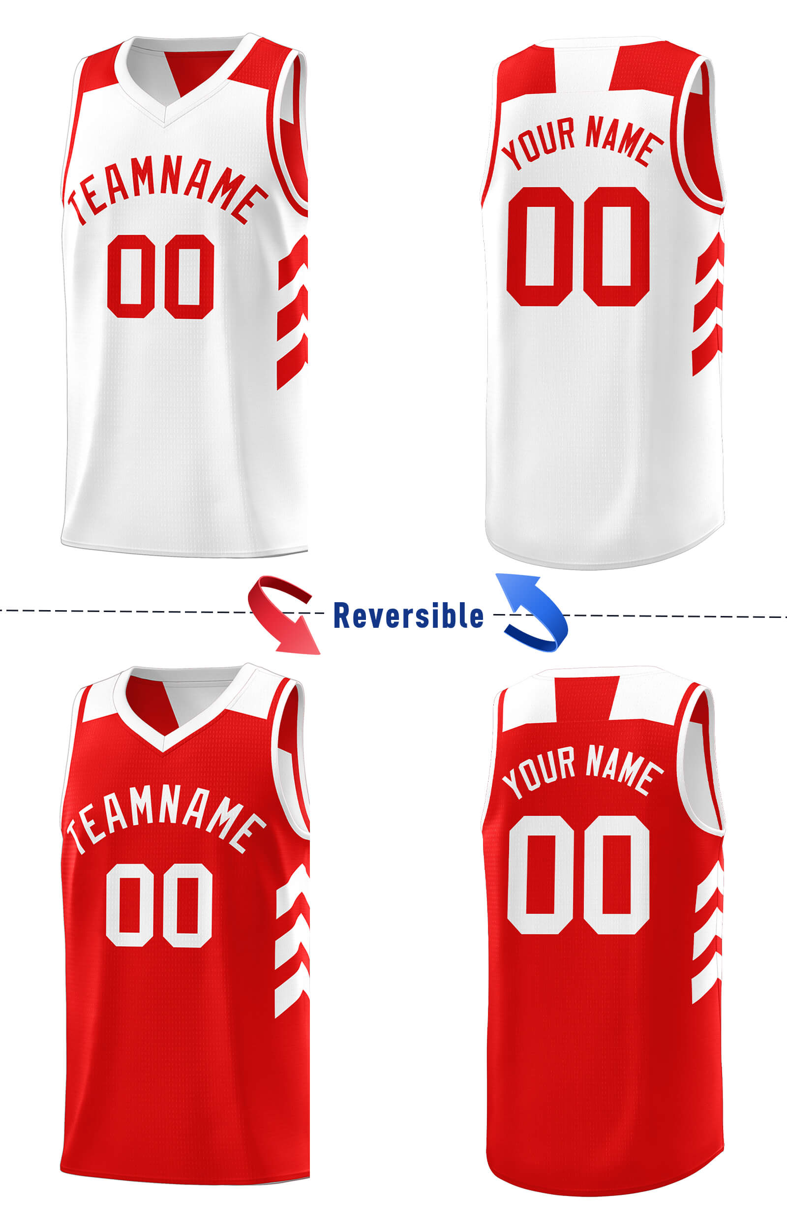 Maillot de basket-ball à double face rouge et blanc personnalisé