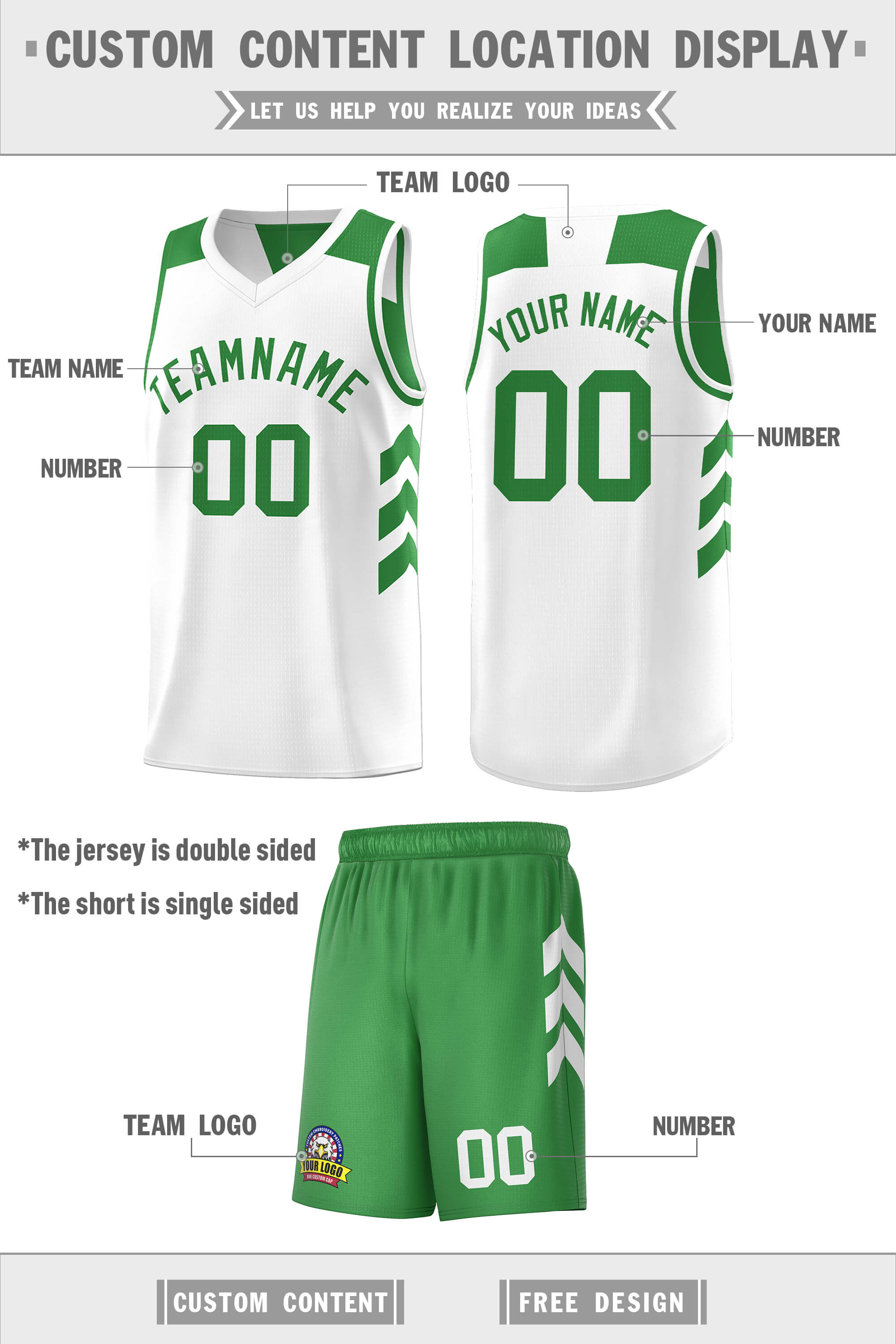 Maillot de basket-ball personnalisé Kelly vert blanc Double face