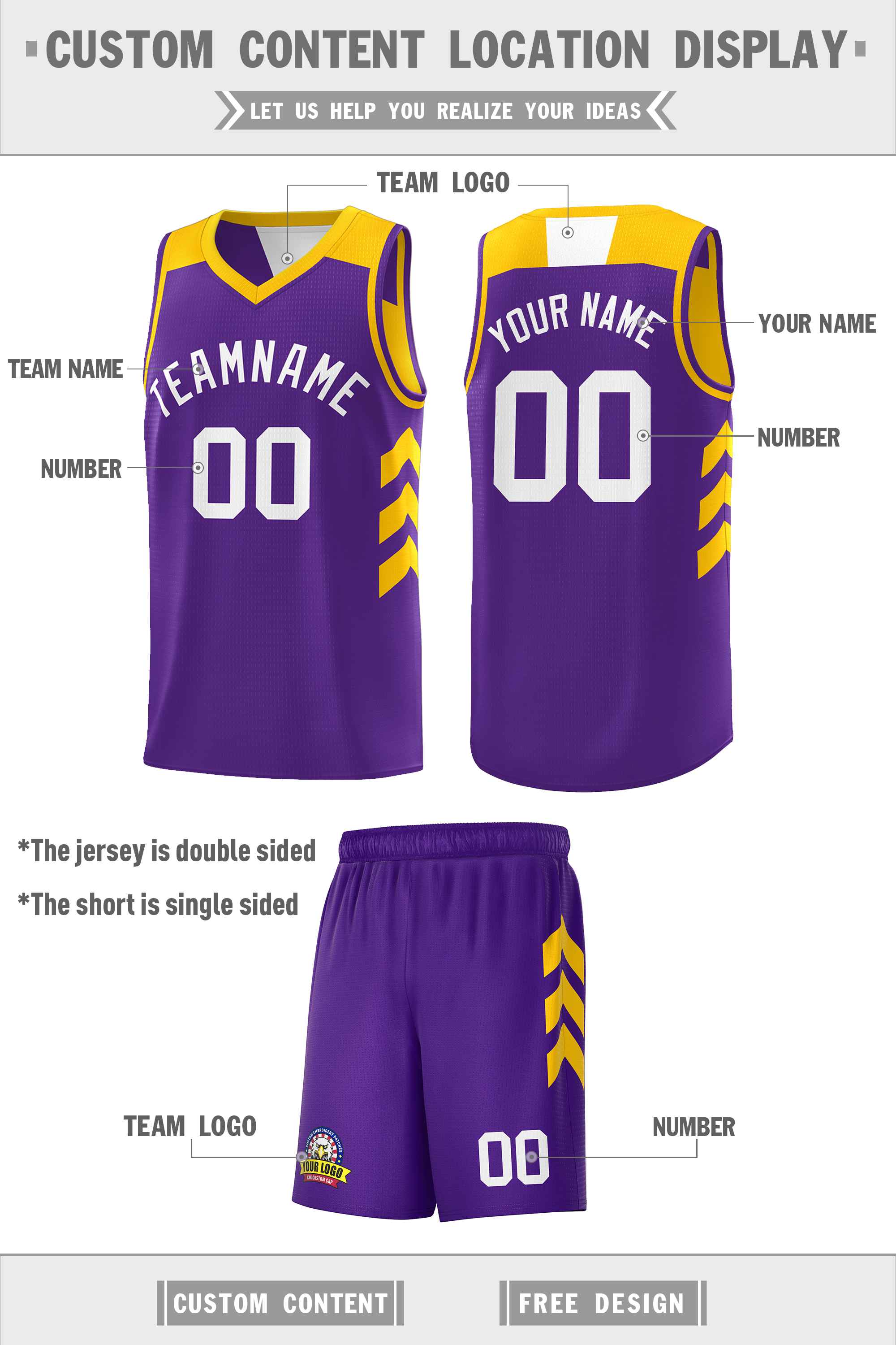 Maillot de basket-ball personnalisé violet jaune double face