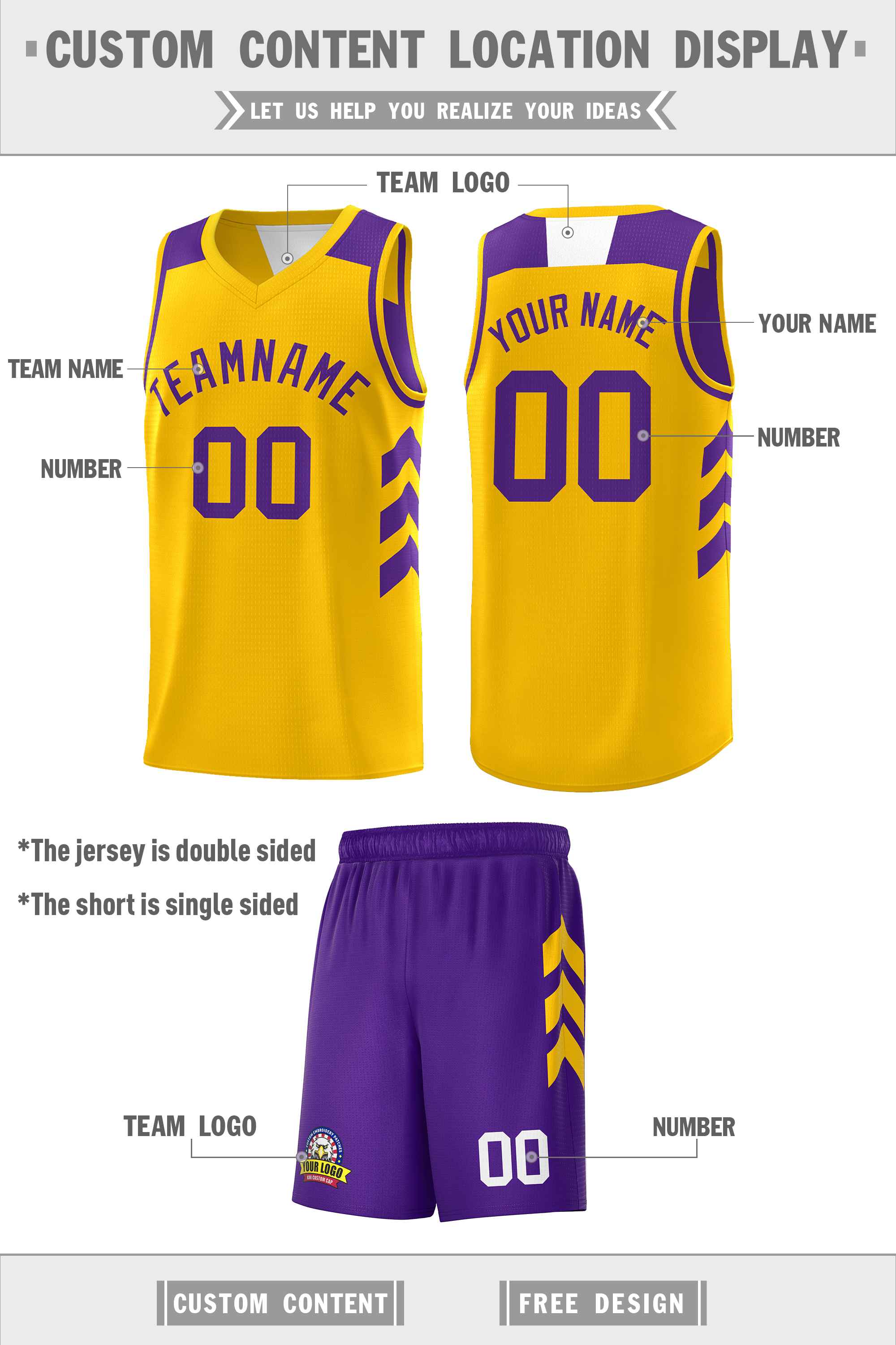 Maillot de basket-ball personnalisé violet jaune double face