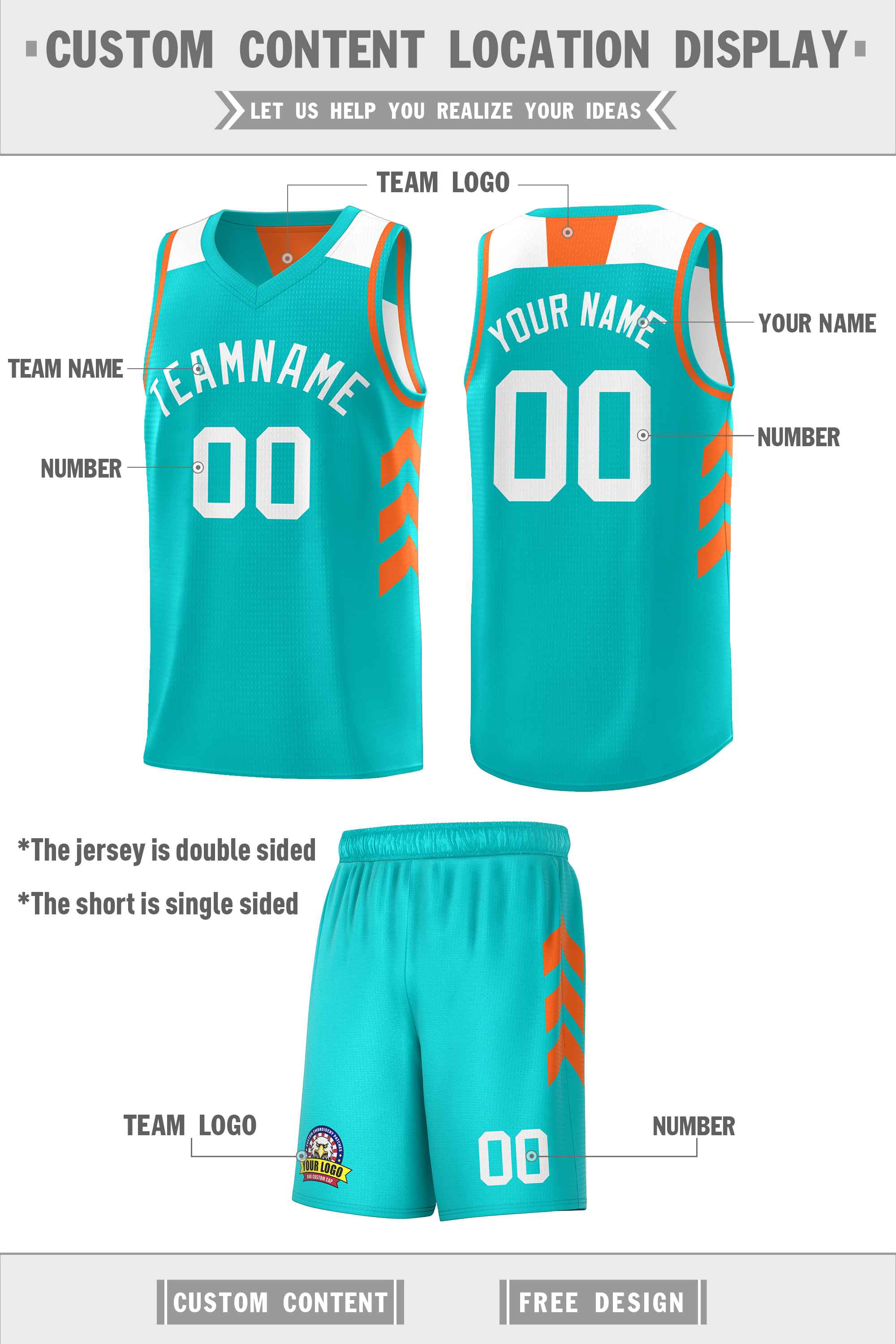 Custom Aqua White-Orange Double Side Sets Basketball Jersey