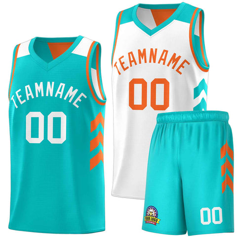 Custom Aqua White-Orange Double Side Sets Basketball Jersey