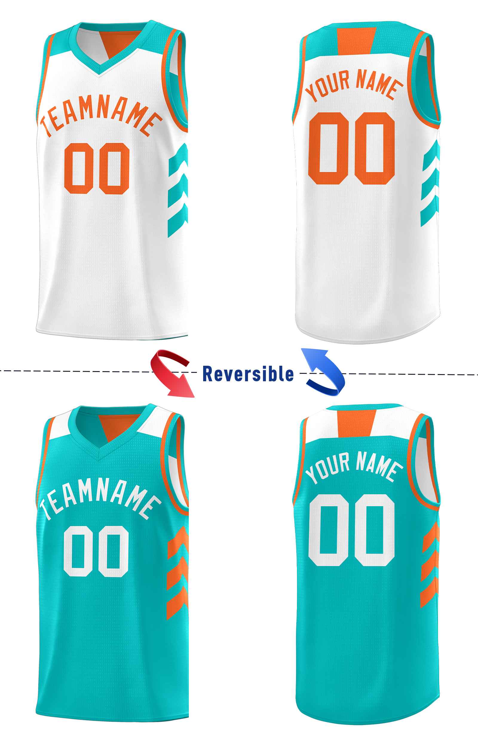 Custom Aqua White-Orange Double Side Sets Basketball Jersey