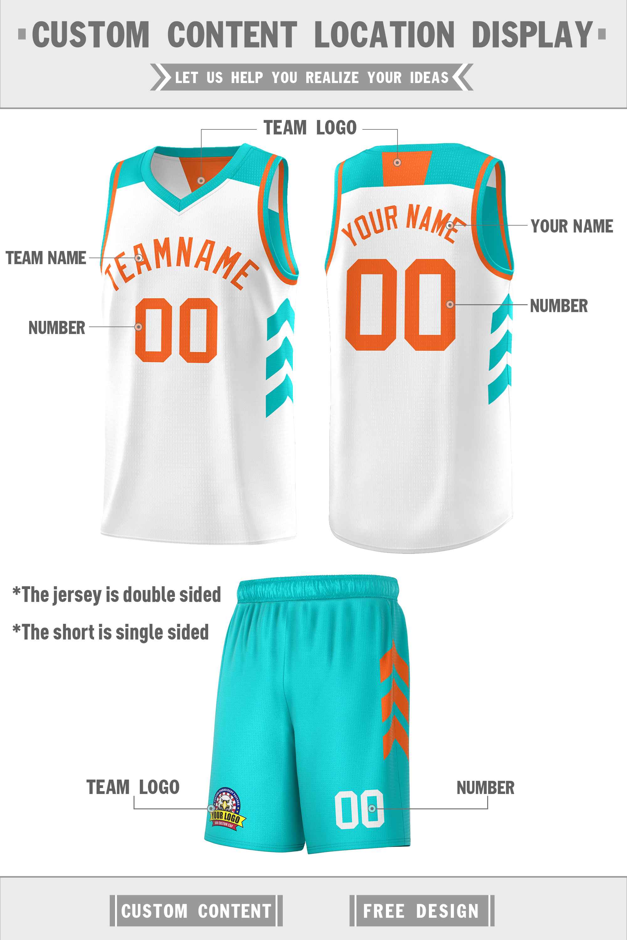 Maillot de basket-ball personnalisé Aqua blanc-Orange Double face