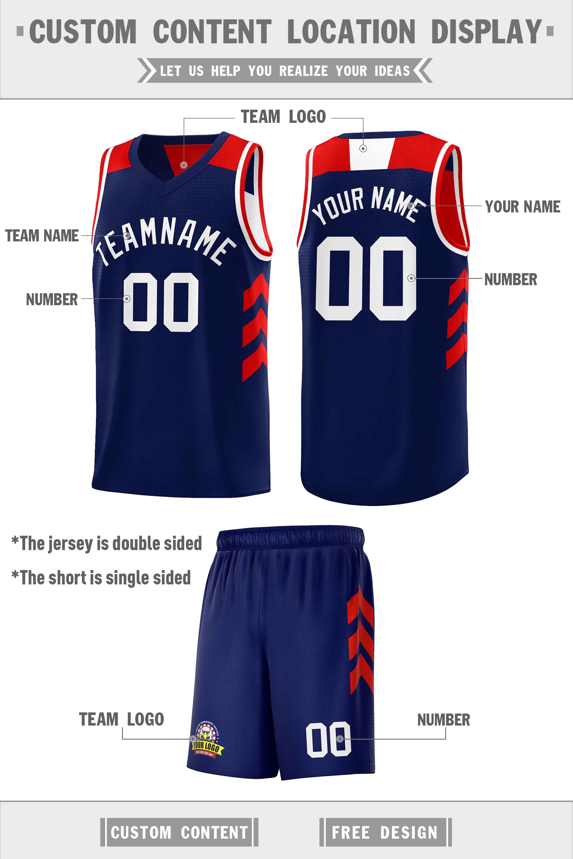 Maillot de basket-ball personnalisé bleu marine blanc-rouge, ensembles double face