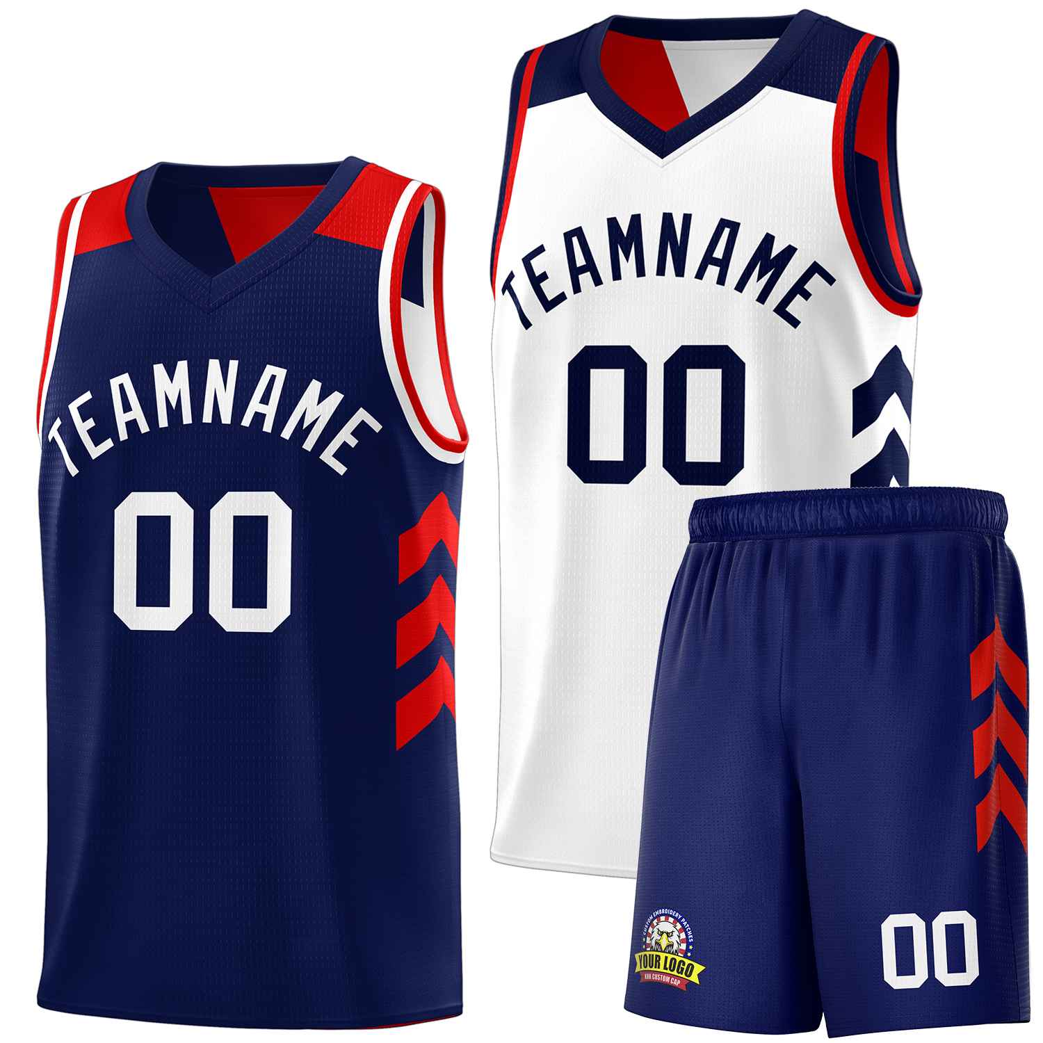 Maillot de basket-ball personnalisé bleu marine blanc-rouge, ensembles double face