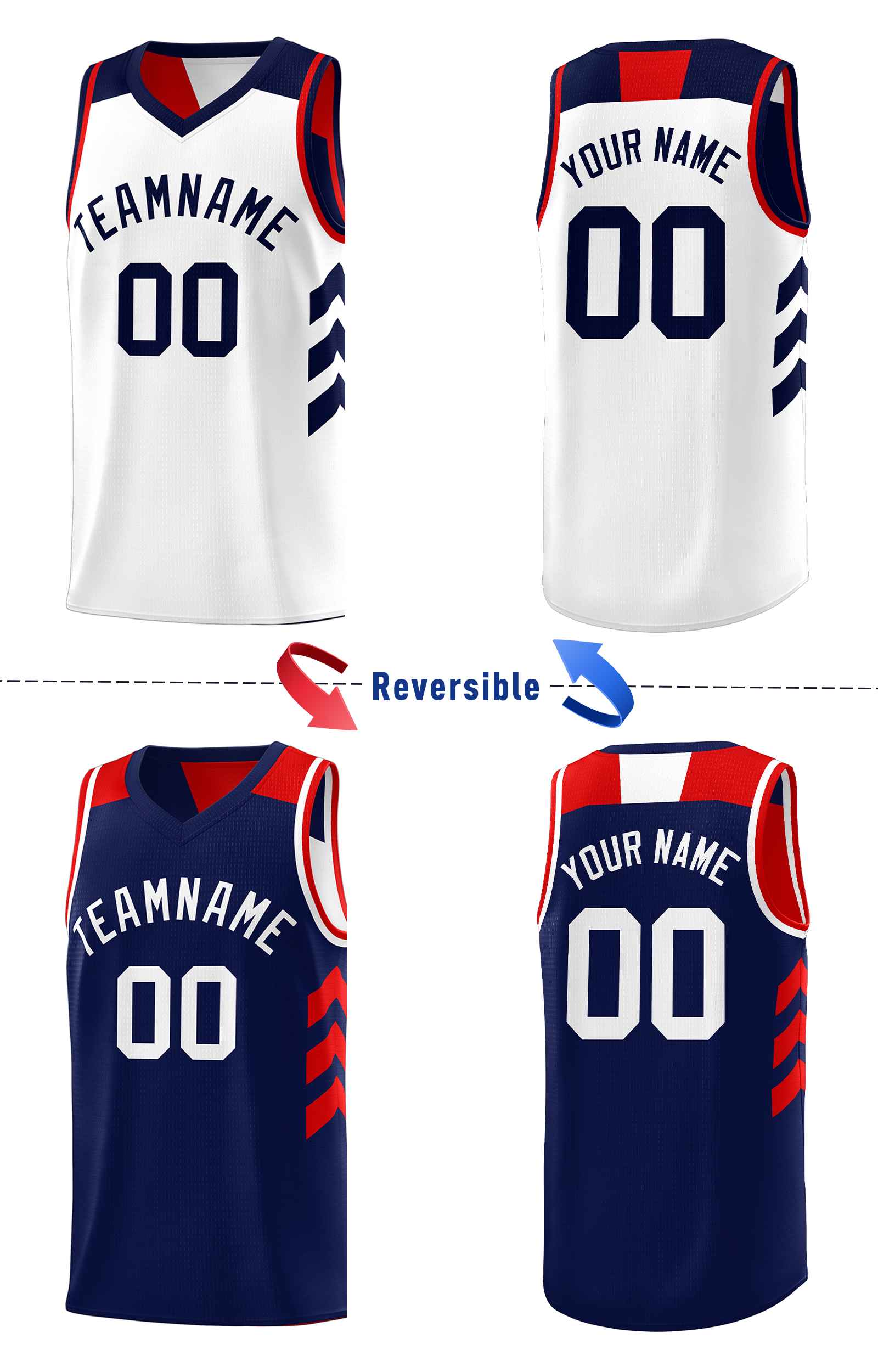 Maillot de basket-ball personnalisé bleu marine blanc-rouge, ensembles double face