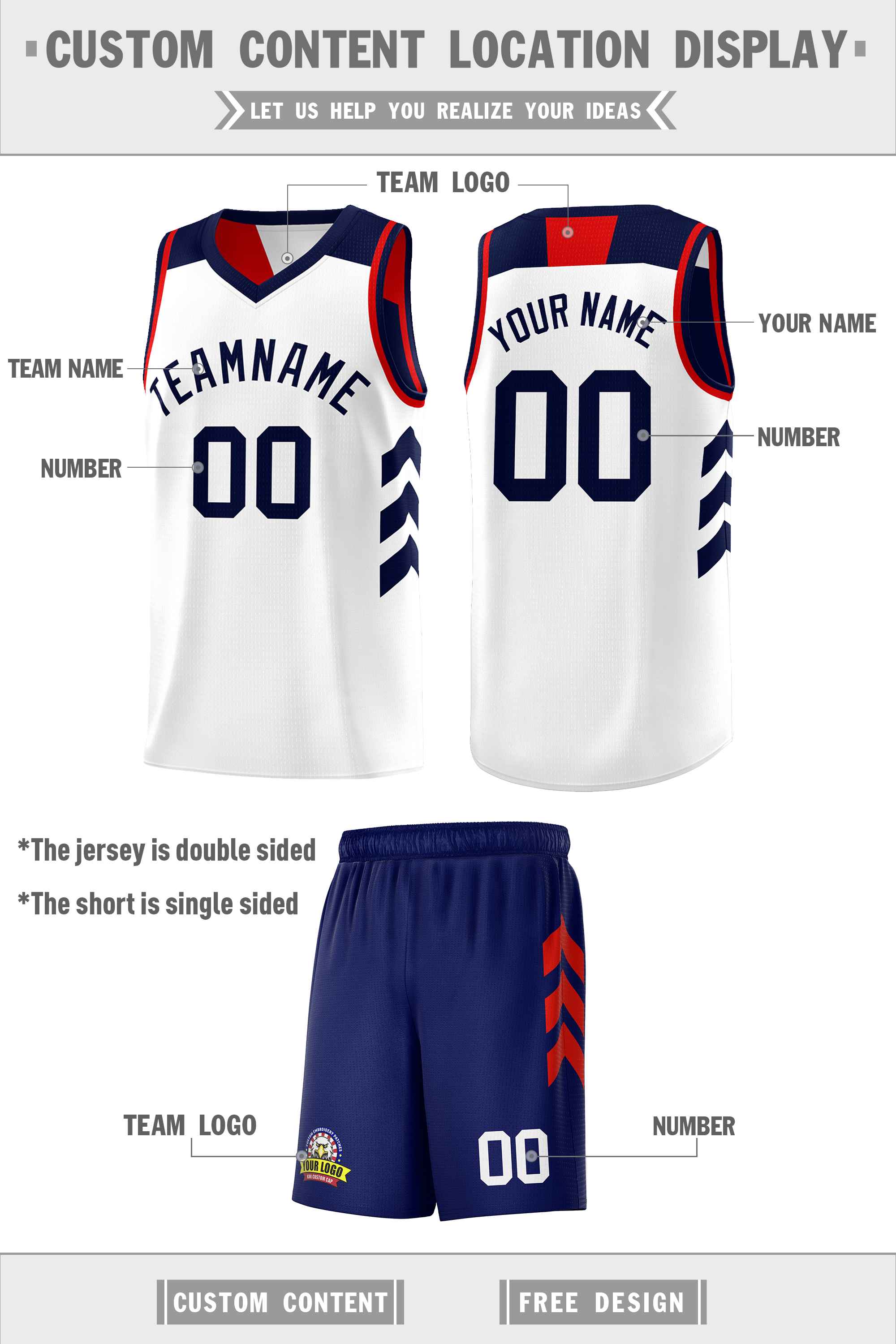 Maillot de basket-ball personnalisé bleu marine blanc-rouge, ensembles double face