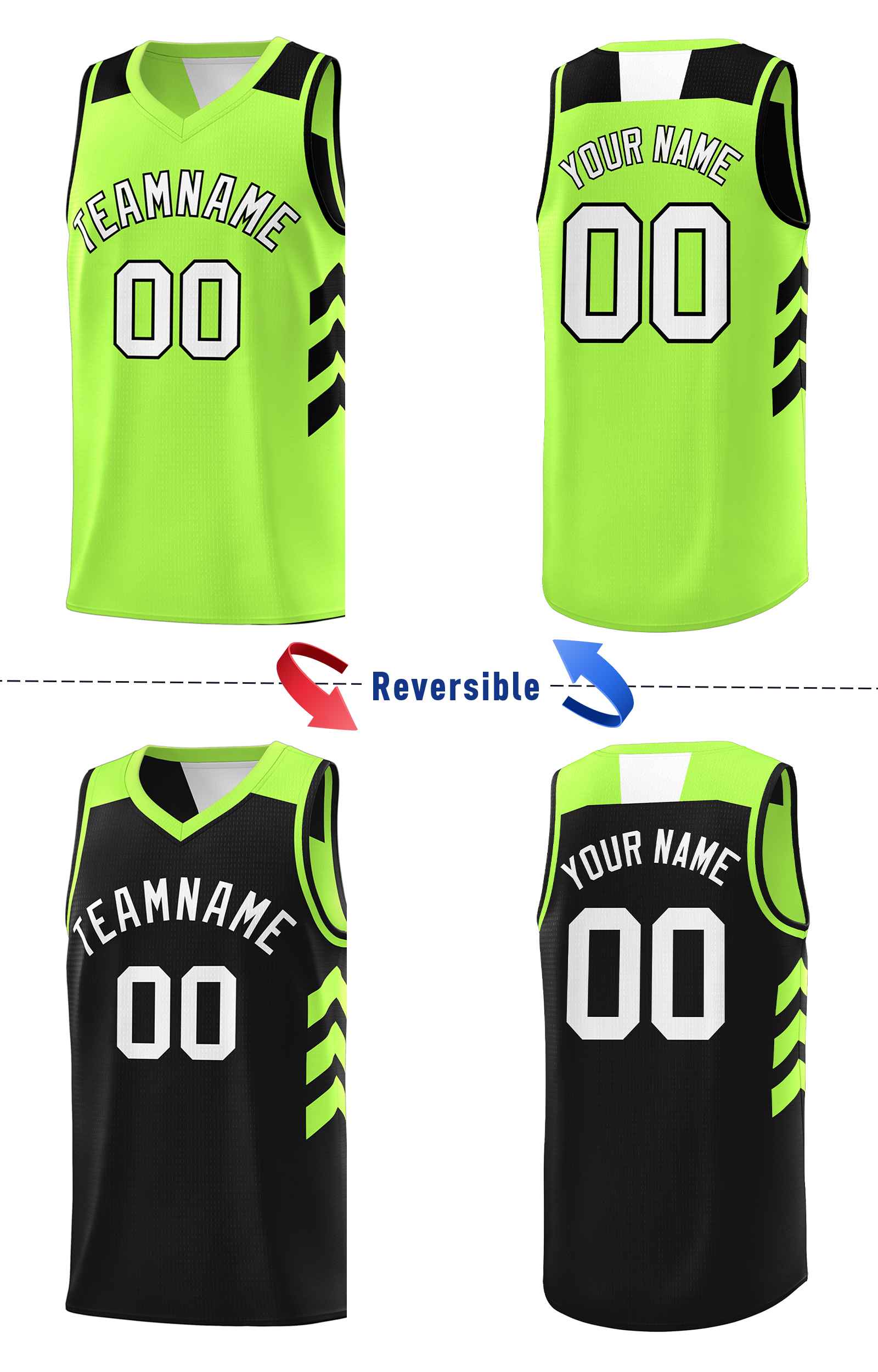 Custom Black Neon Green-White Double Side Sets Basketball Jersey