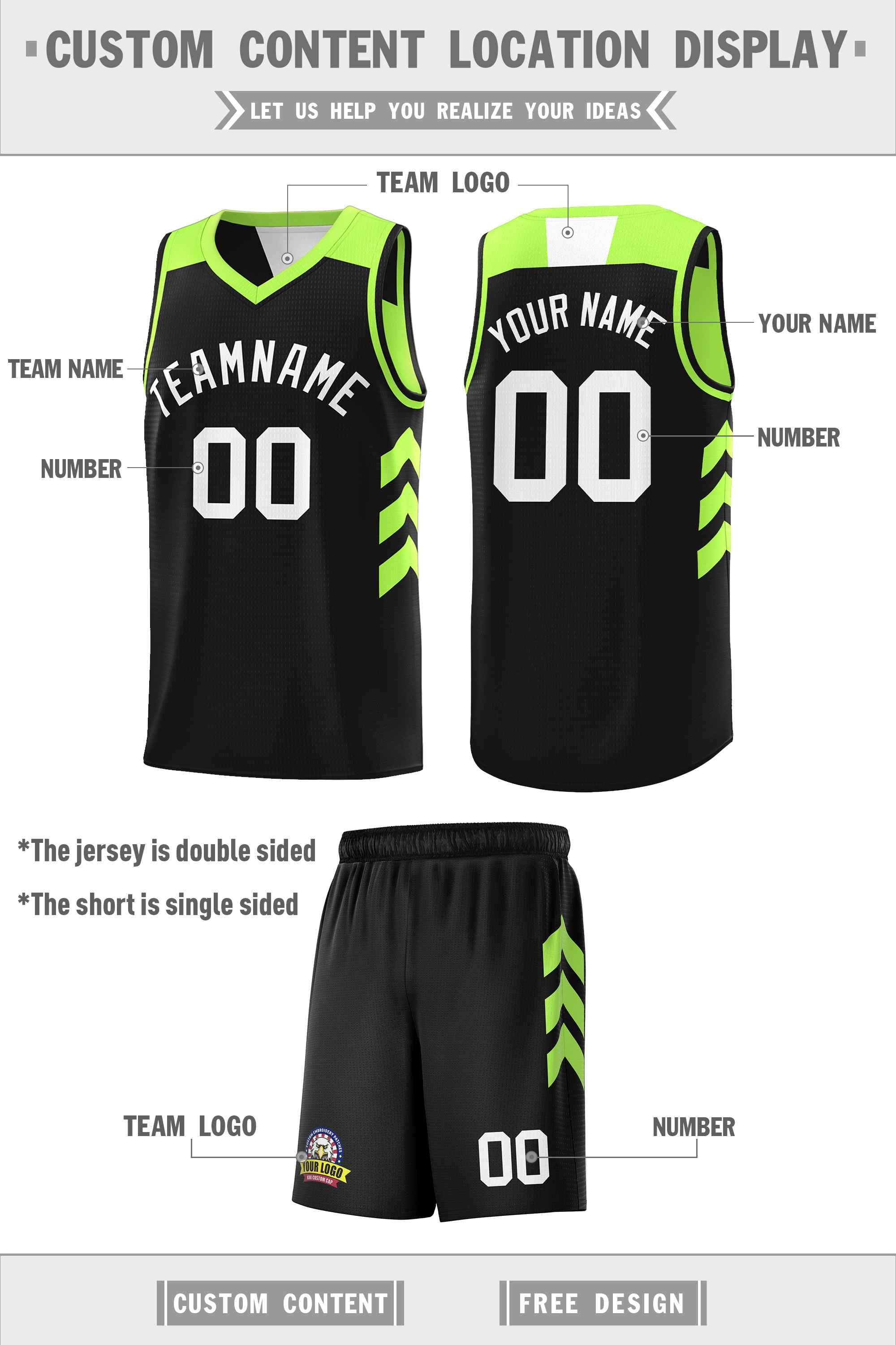 Custom Black Neon Green-White Double Side Sets Basketball Jersey