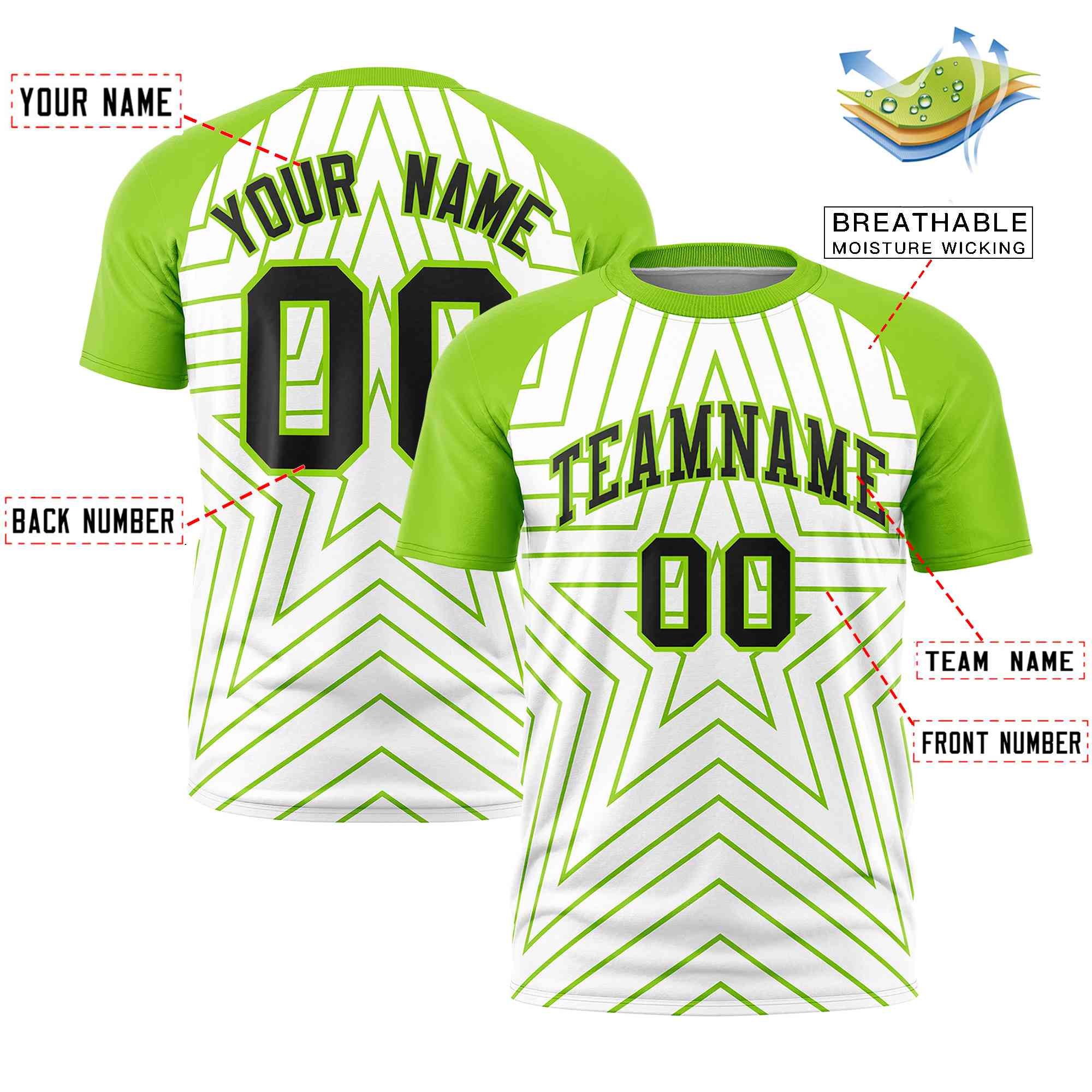 Custom White Neon Green Personalized Star Pattern Raglan Sleeves Performance T-Shirt