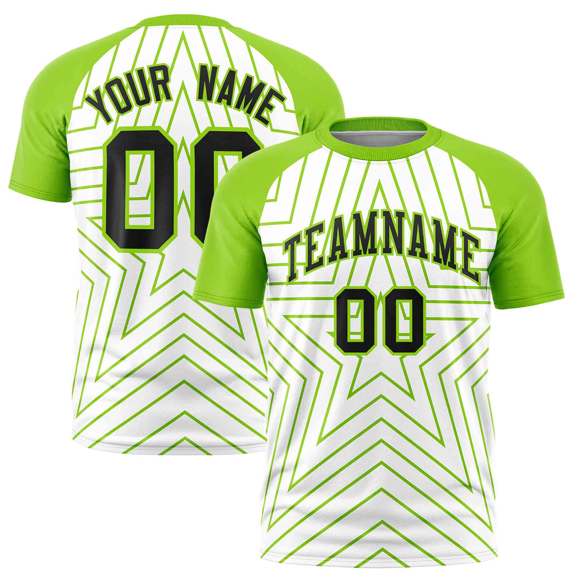 Custom White Neon Green Personalized Star Pattern Raglan Sleeves Performance T-Shirt