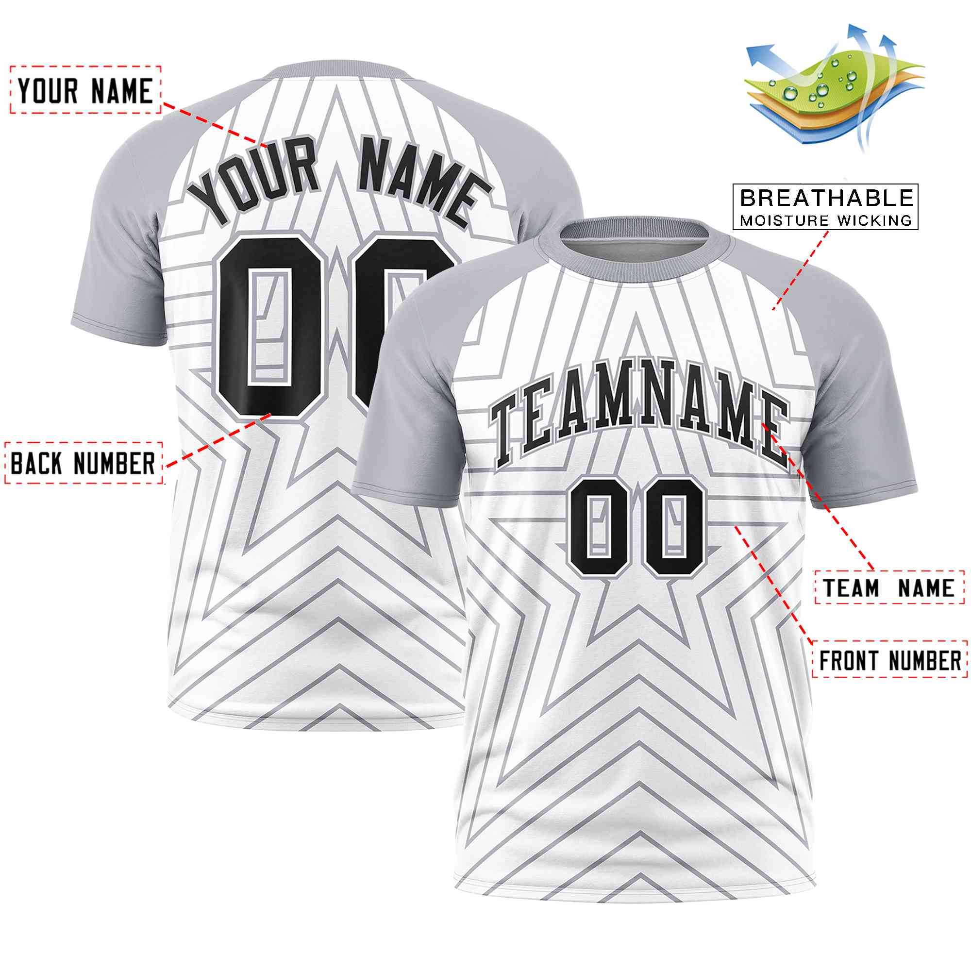 Custom White Gray Personalized Star Pattern Raglan Sleeves Performance T-Shirt