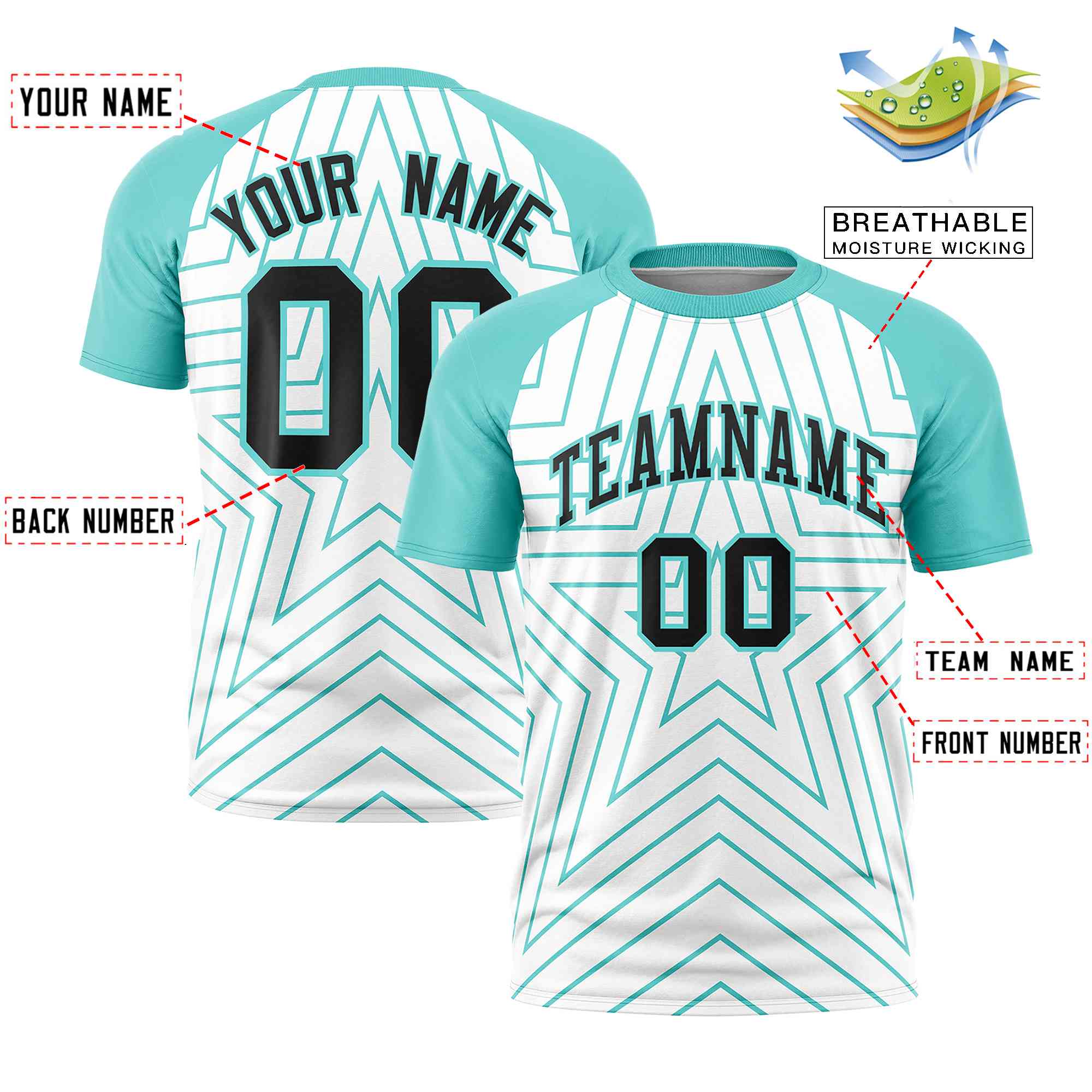 Custom White Aqua Personalized Star Pattern Raglan Sleeves Performance T-Shirt