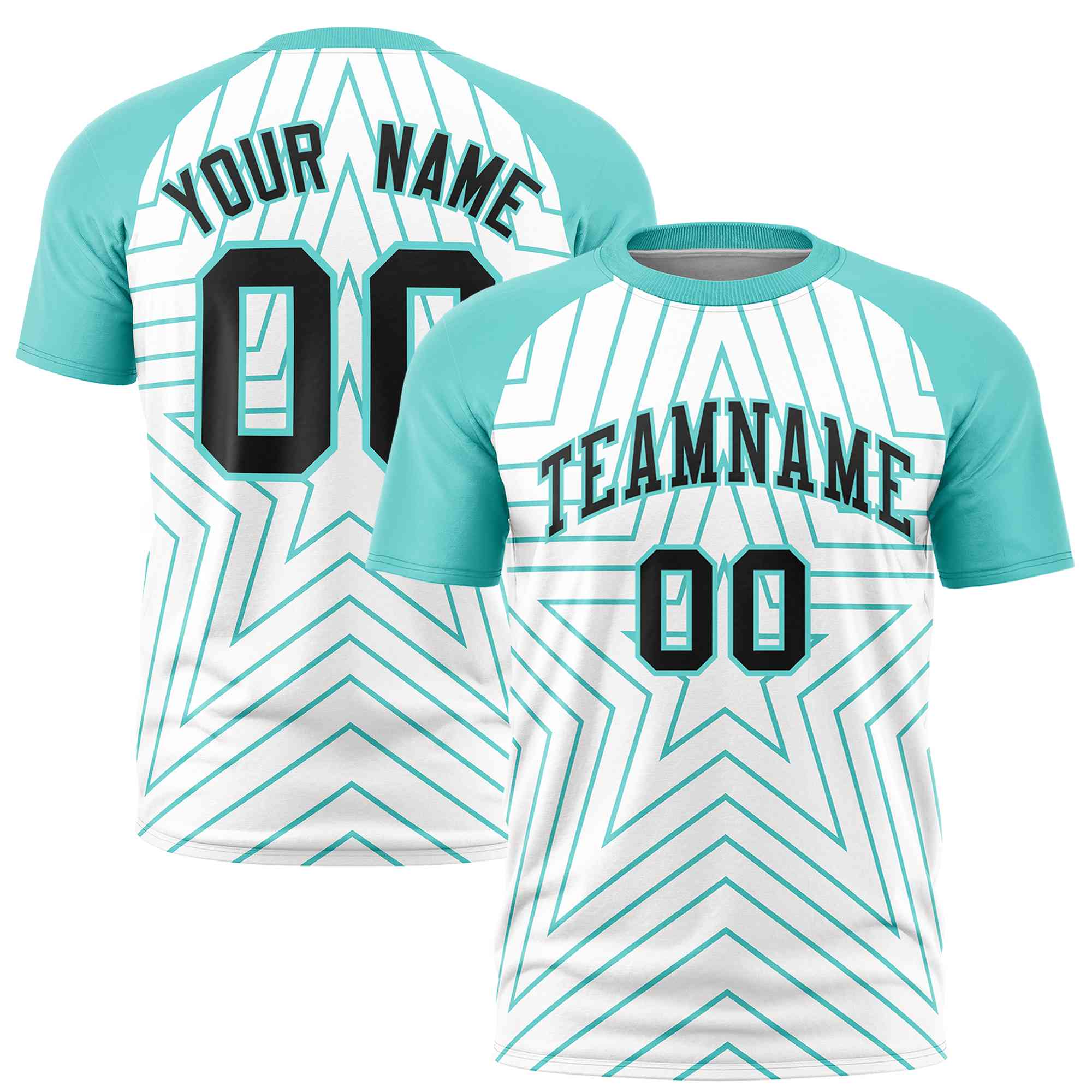 Custom White Aqua Personalized Star Pattern Raglan Sleeves Performance T-Shirt