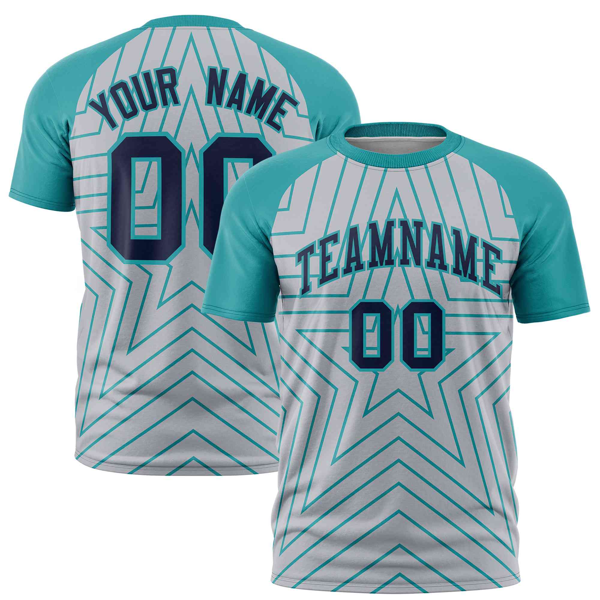 Custom Gray Aqua Personalized Star Pattern Raglan Sleeves Performance T-Shirt