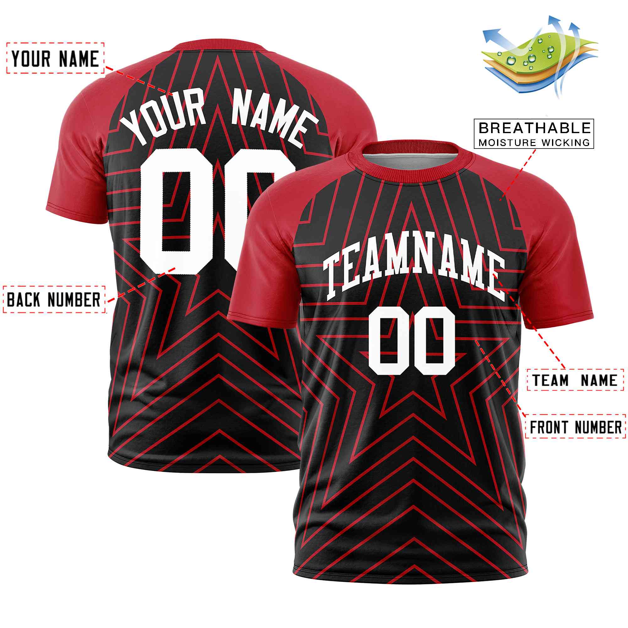 Custom Black Red Personalized Star Pattern Raglan Sleeves Performance T-Shirt