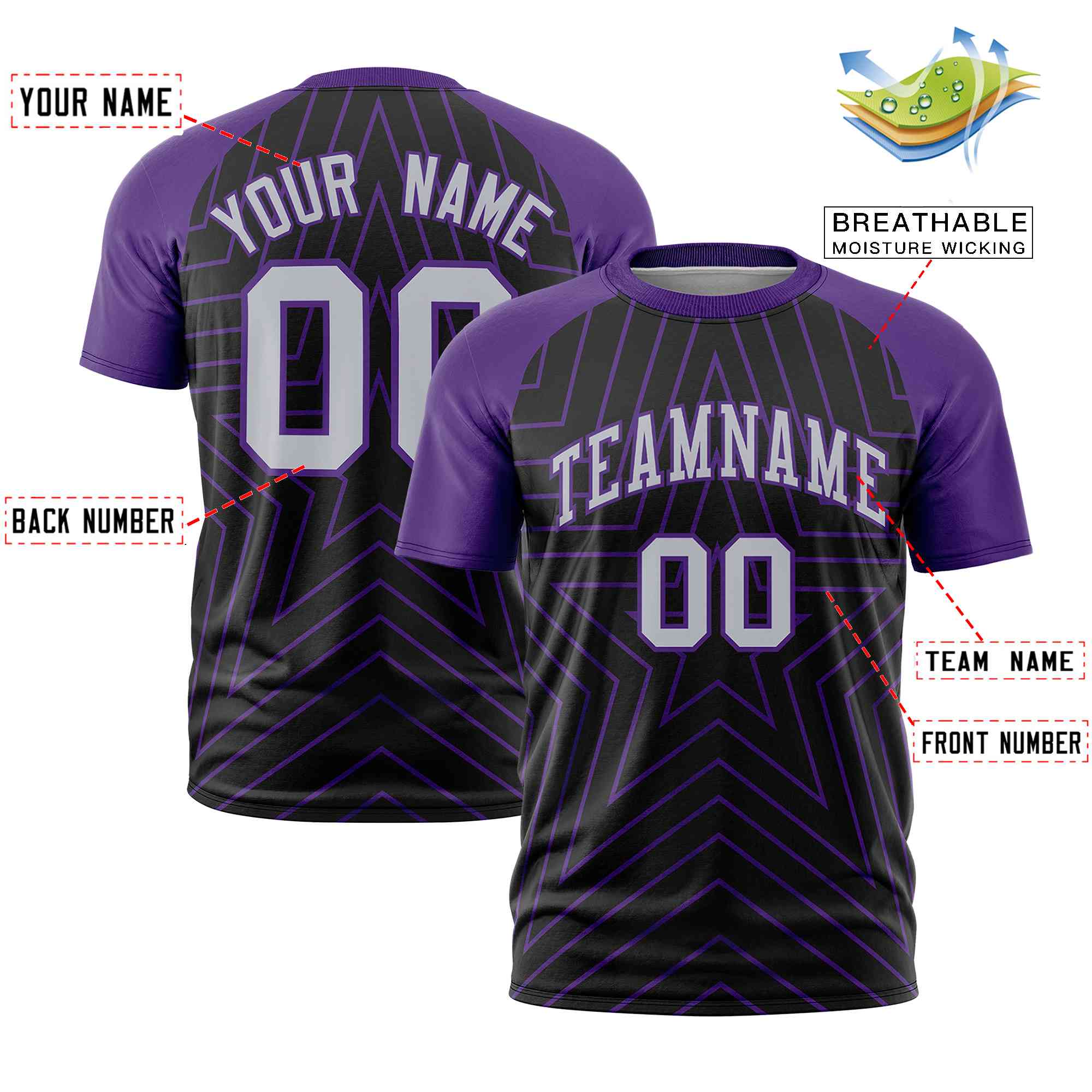 Custom Black Purple Personalized Star Pattern Raglan Sleeves Performance T-Shirt