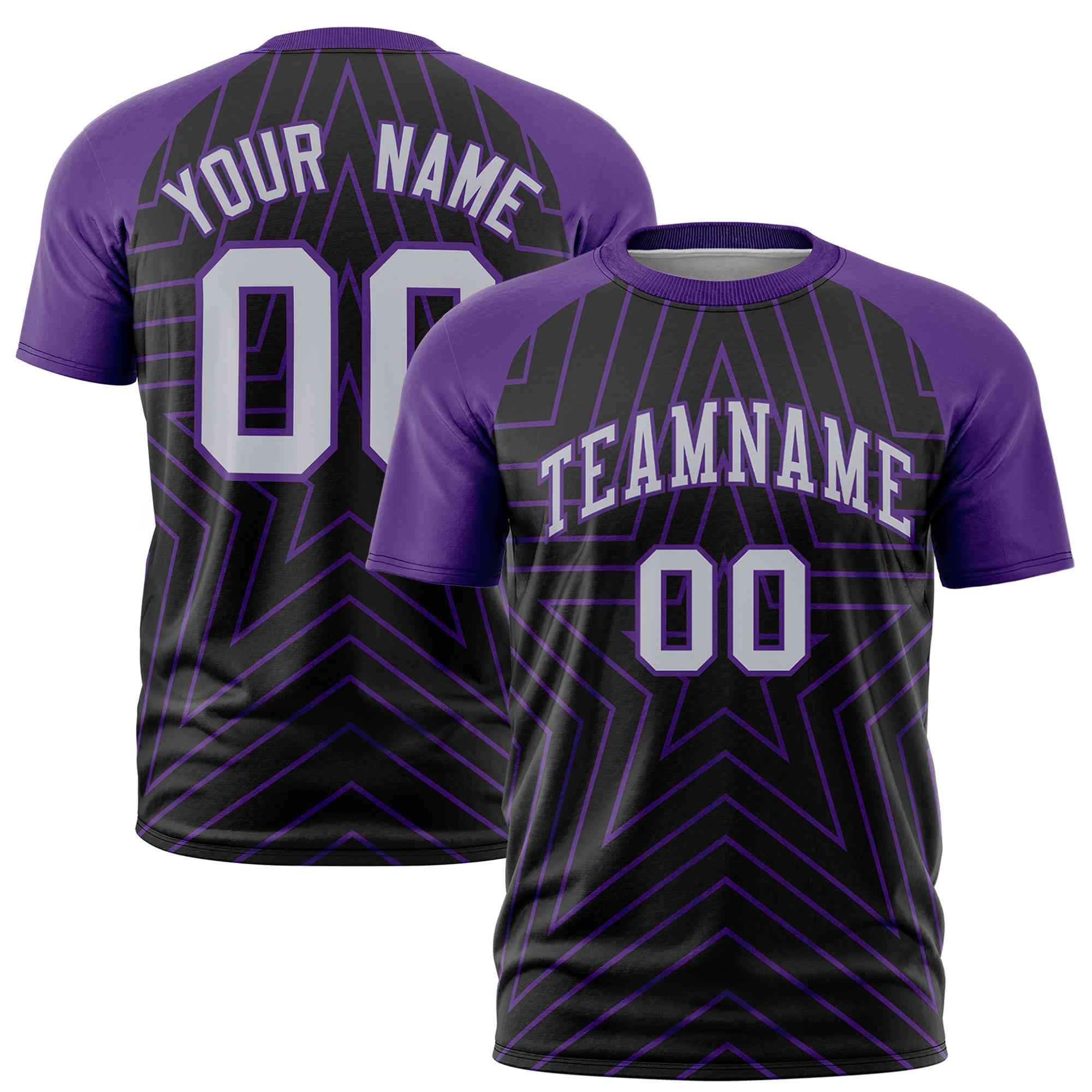 Custom Black Purple Personalized Star Pattern Raglan Sleeves Performance T-Shirt