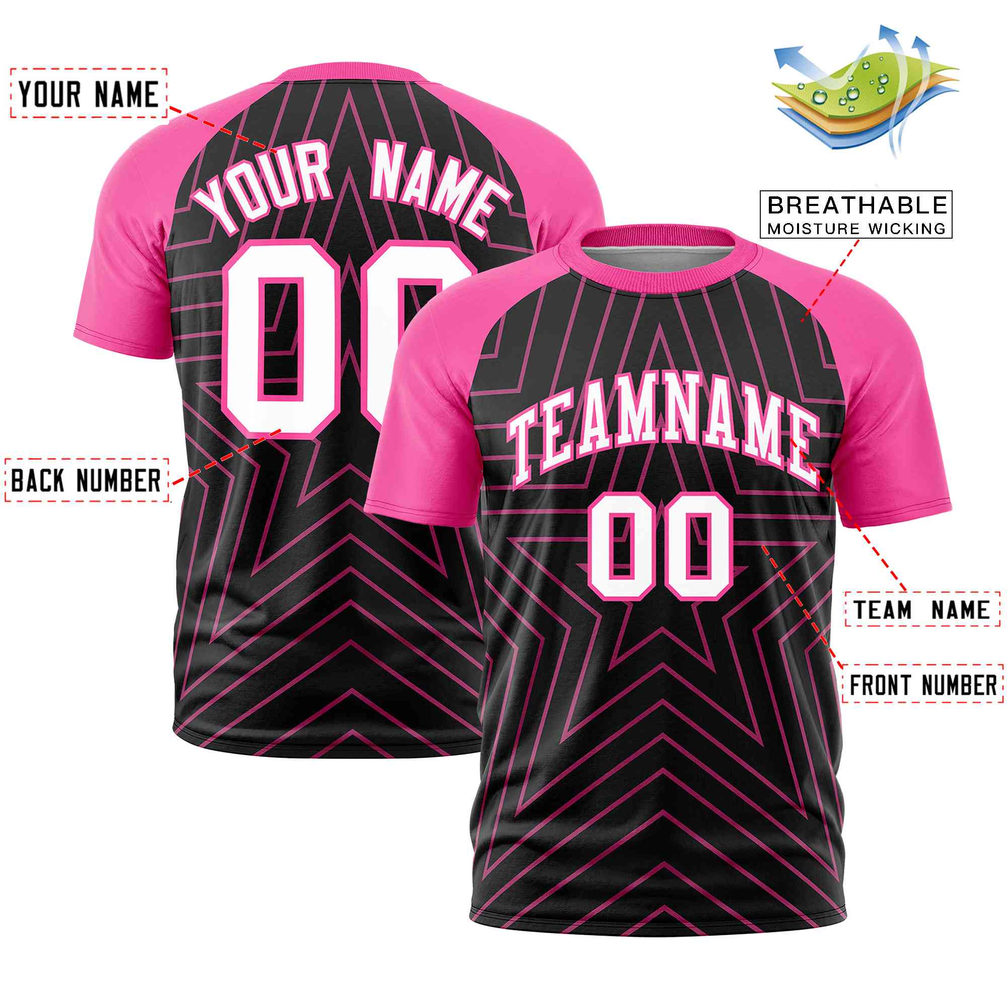 Custom Black Pink Personalized Star Pattern Raglan Sleeves Performance T-Shirt