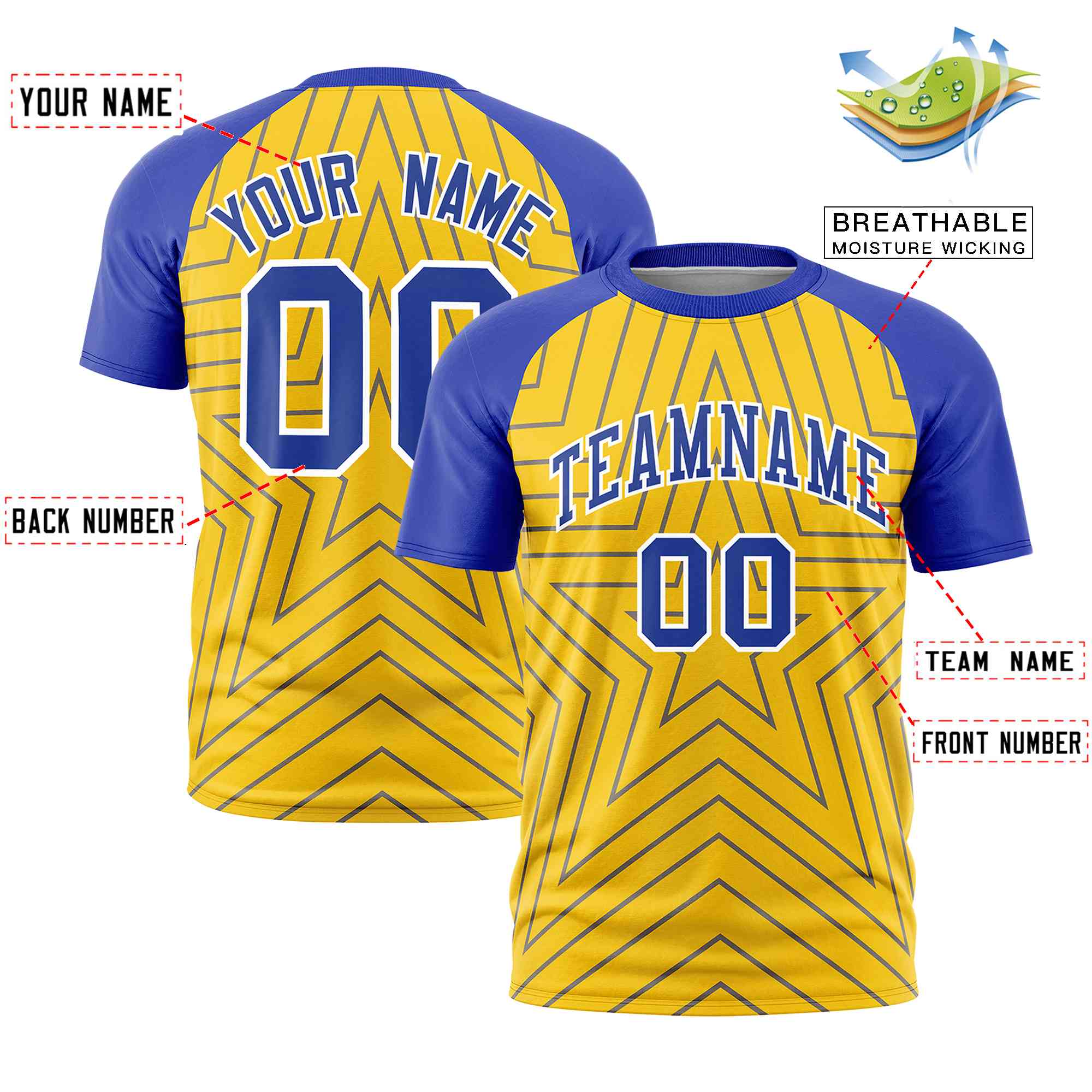 Custom Gold Royal Personalized Star Pattern Raglan Sleeves Performance T-Shirt