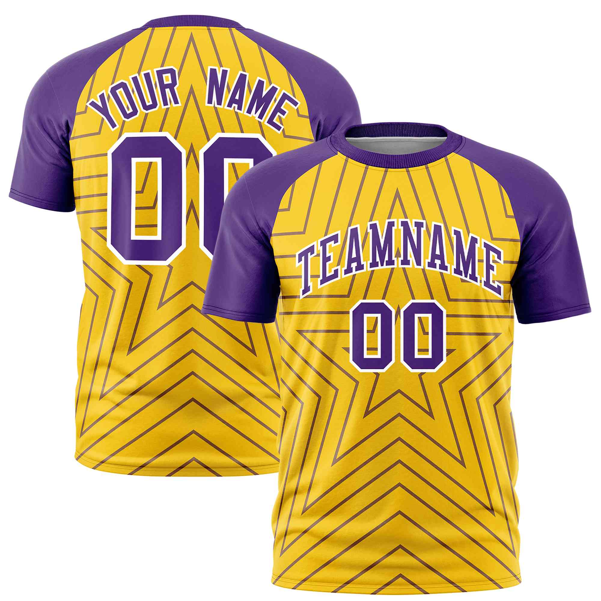 Custom Gold Purple Personalized Star Pattern Raglan Sleeves Performance T-Shirt