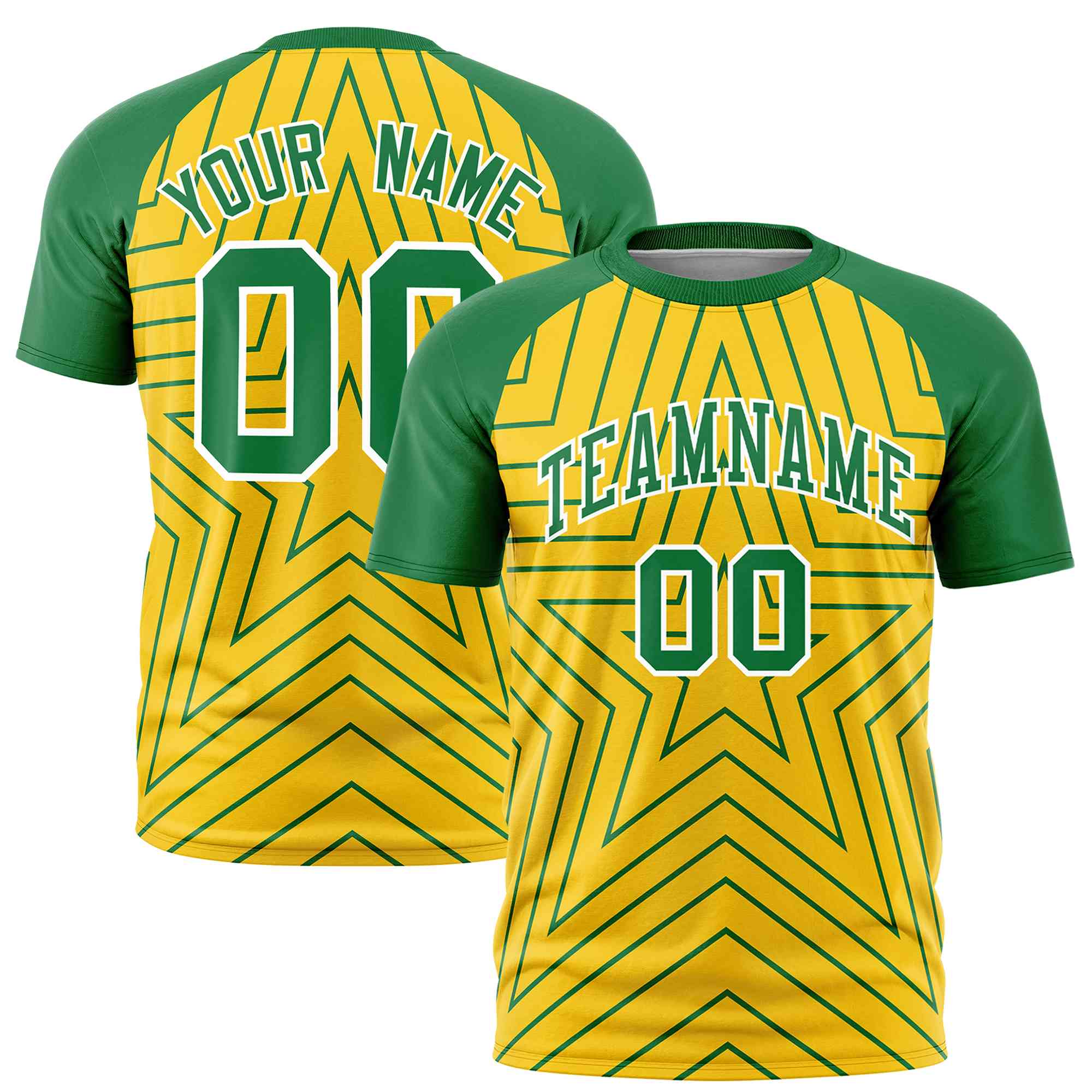 Custom Gold Kelly Green Personalized Star Pattern Raglan Sleeves Performance T-Shirt